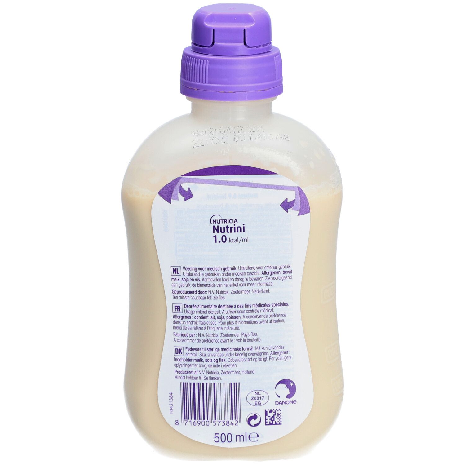 Dos de la bouteille Nutricia Nutrini 1.0 kcal/ml. Bouchon violet, étiquette avec texte et informations nutritionnelles. 500 ml.