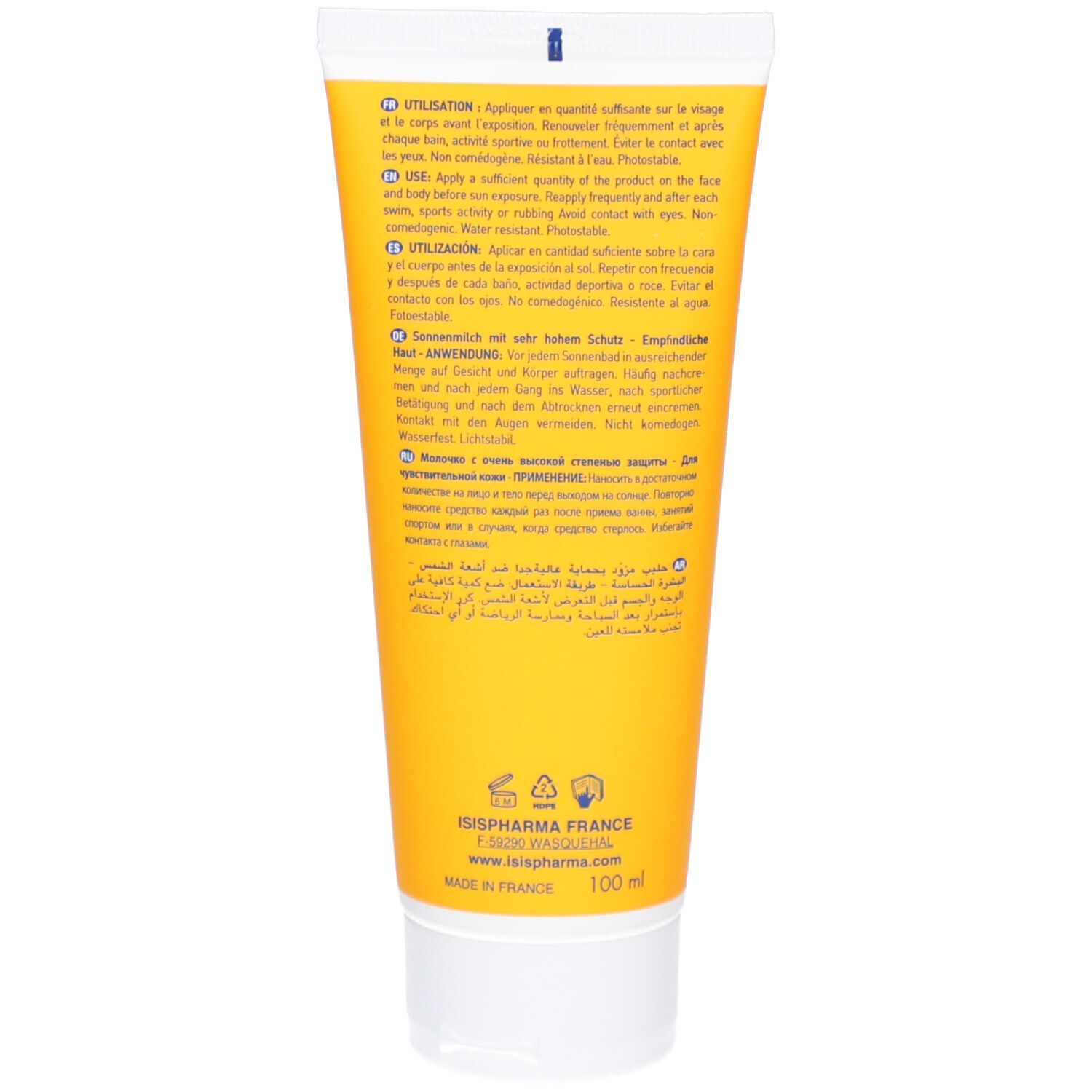 Dos du tube jaune. Texte multilingue. Informations fabricant. 100 ml.