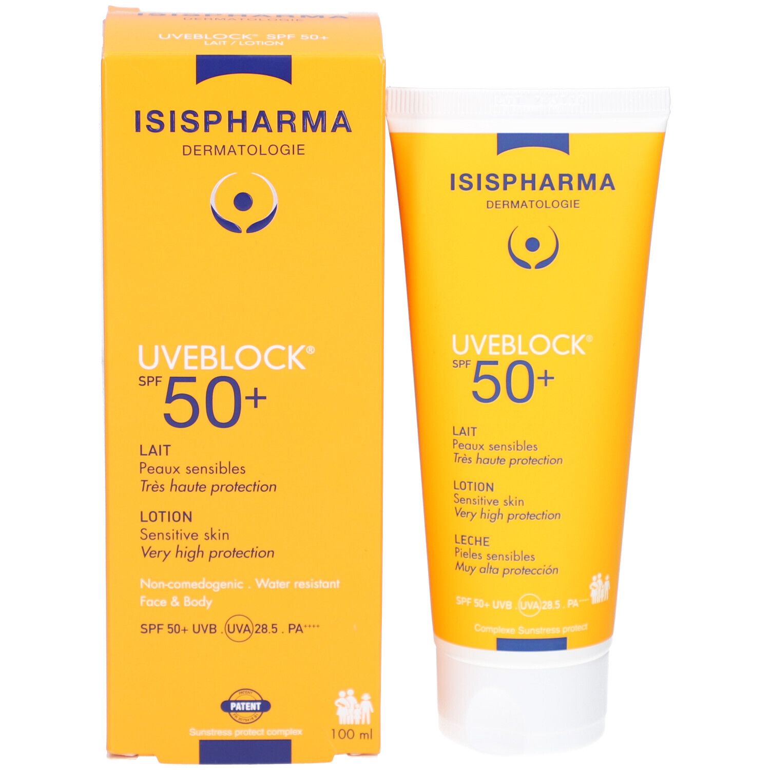 Boîte et tube jaunes ISISPHARMA Uveblock SPF 50+. Texte: Lait, Lotion, Leche. 100 ml.
