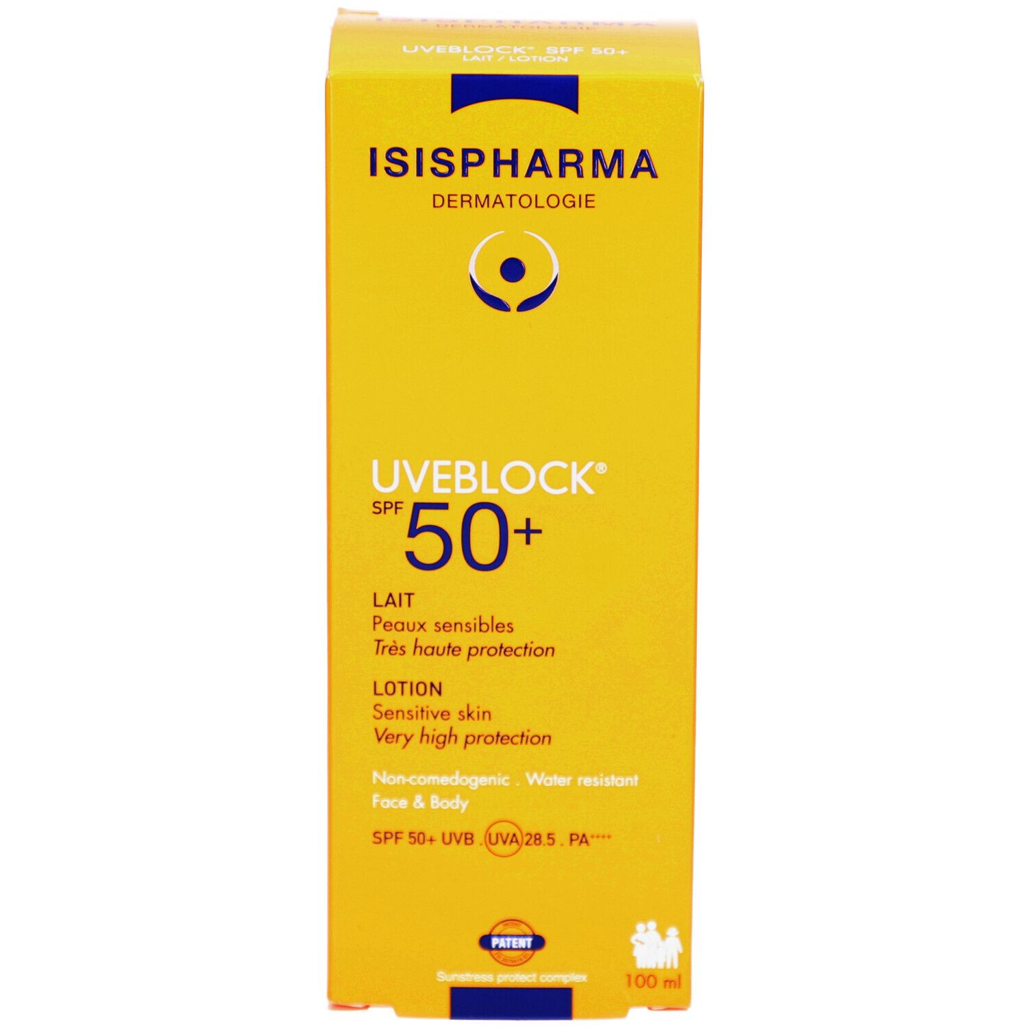 Boîte jaune ISISPHARMA Uveblock SPF 50+. Texte: Lait, Lotion, Leche. 100 ml. Brevet.