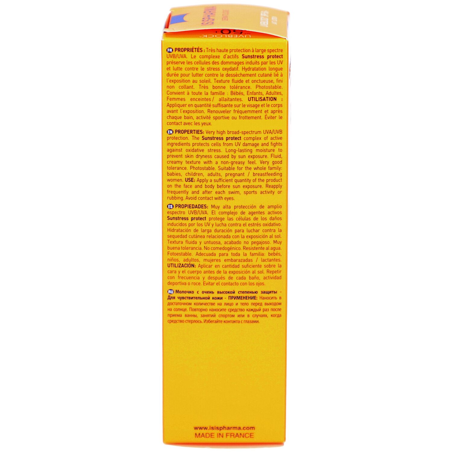 Dos de la boîte jaune. Texte multilingue. Informations fabricant.