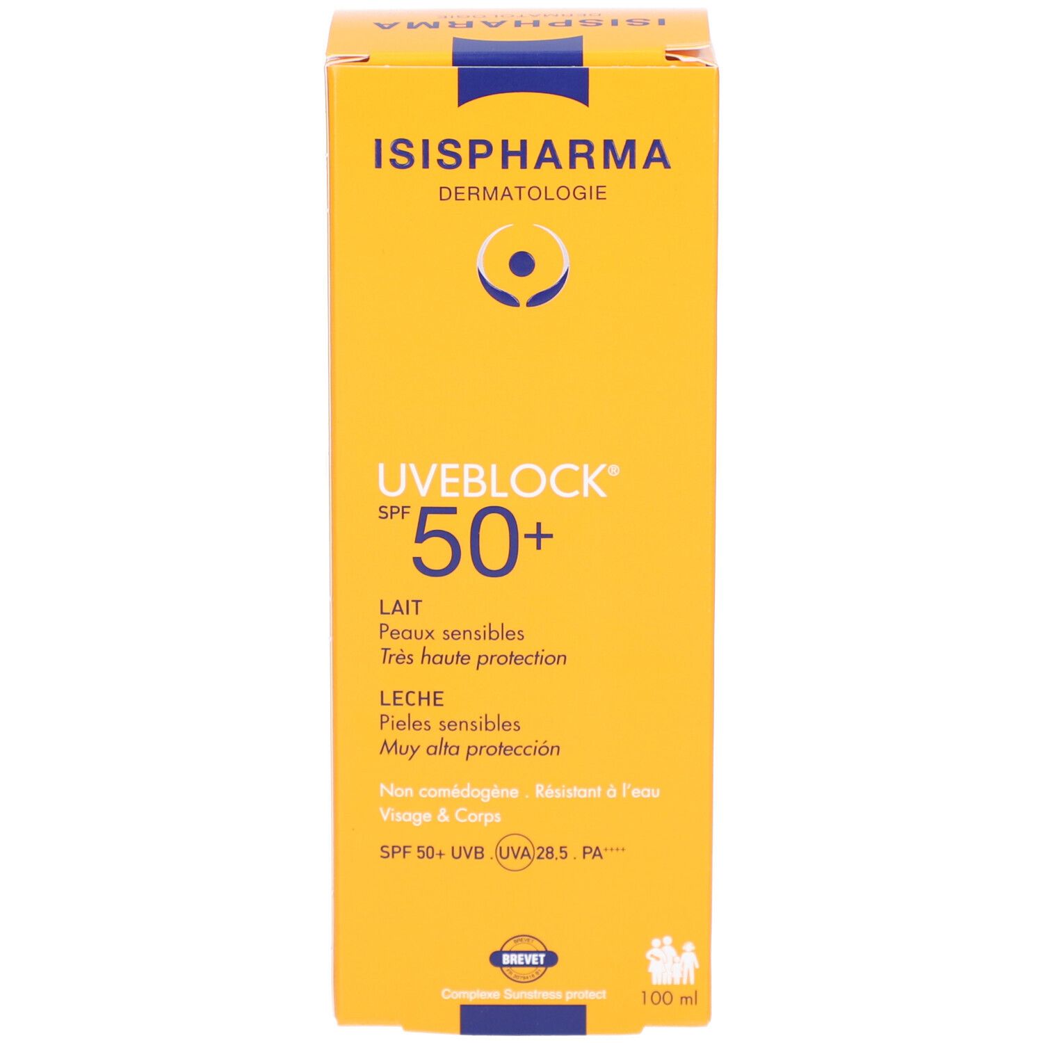 Boîte jaune ISISPHARMA Uveblock SPF 50+. Texte: Lait, Lotion, Leche. 100 ml.