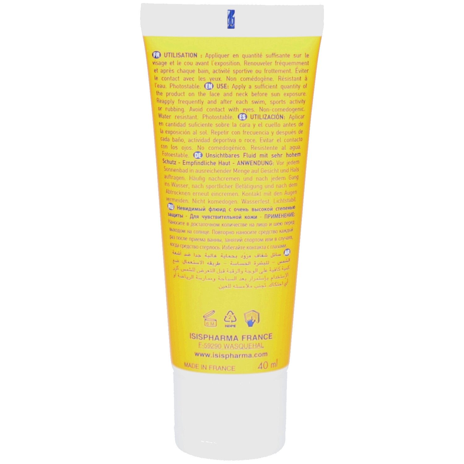 Dos du tube ISISPHARMA Uveblock SPF 50+. Texte multilingue. 40 ml. Fabriqué en France.