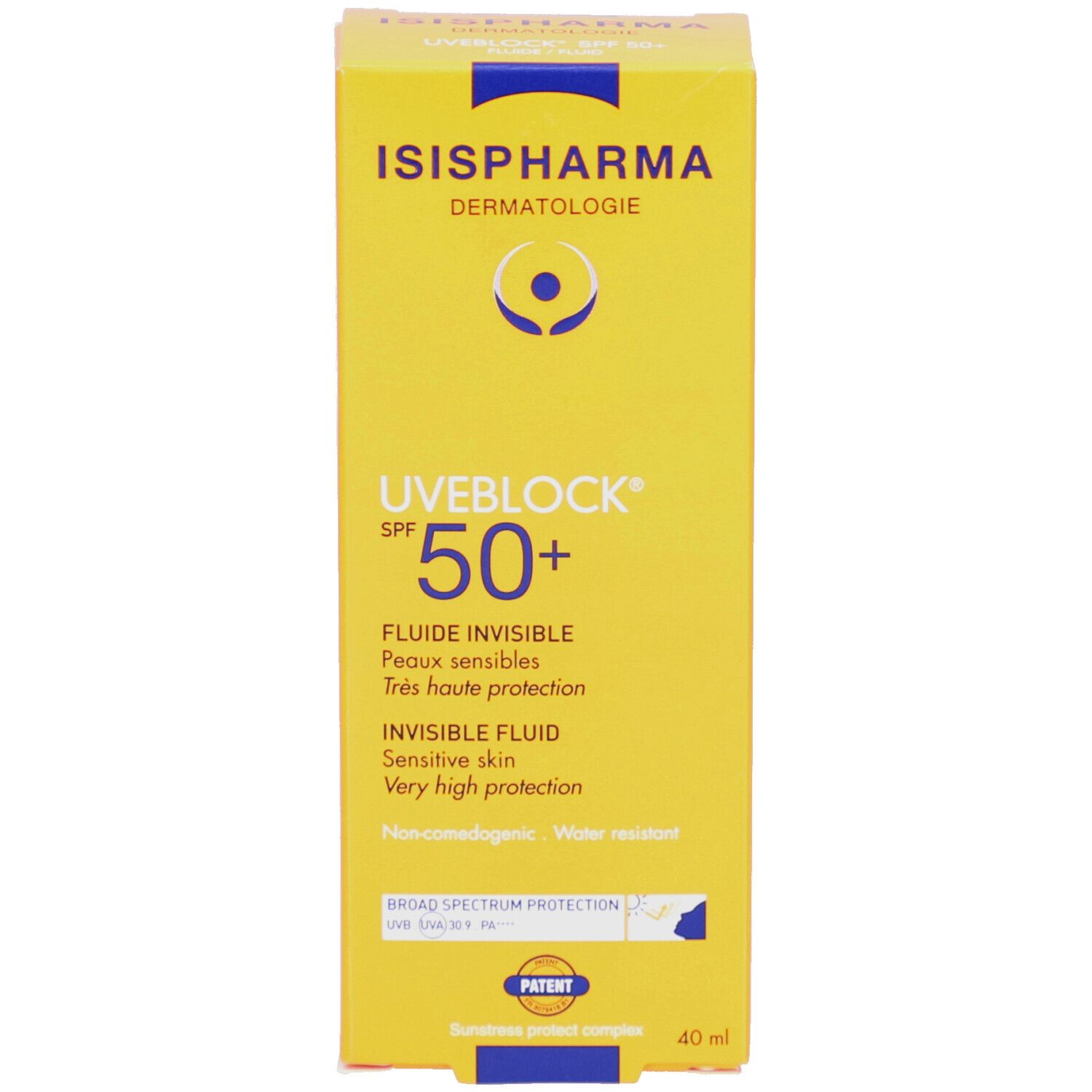 Boîte ISISPHARMA Uveblock SPF 50+. Texte: Fluide Invisible, SPF 50+. 40 ml.
