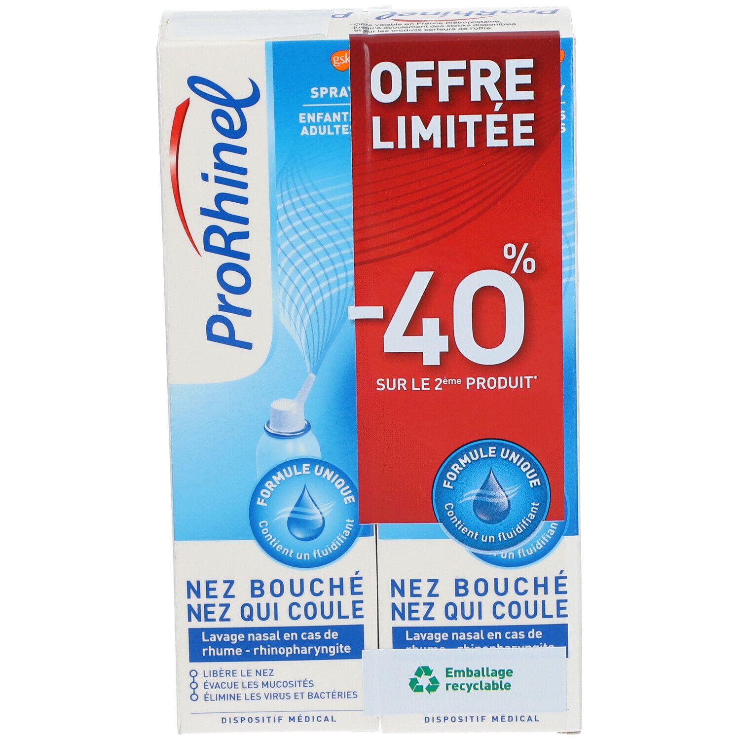 ProRhinel Spray Enfants-Adultes. Boîte avec deux sprays. Inscription: Nez bouché nez qui coule. Offre limitée: -40% sur le 2ème produit.
