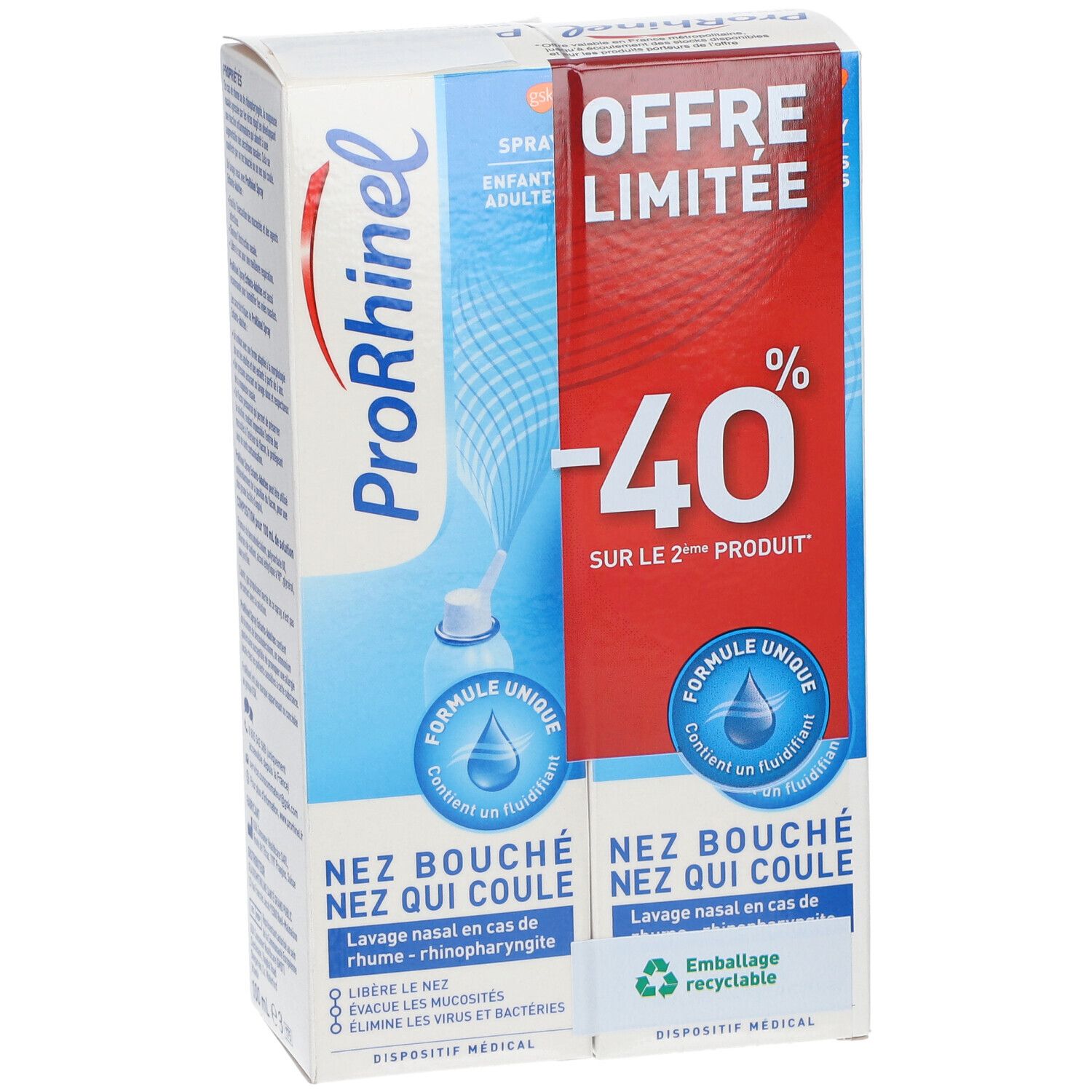 ProRhinel Spray Enfants-Adultes. Boîte avec deux sprays. Inscription: Nez bouché nez qui coule. Offre limitée: -40% sur le 2ème produit.