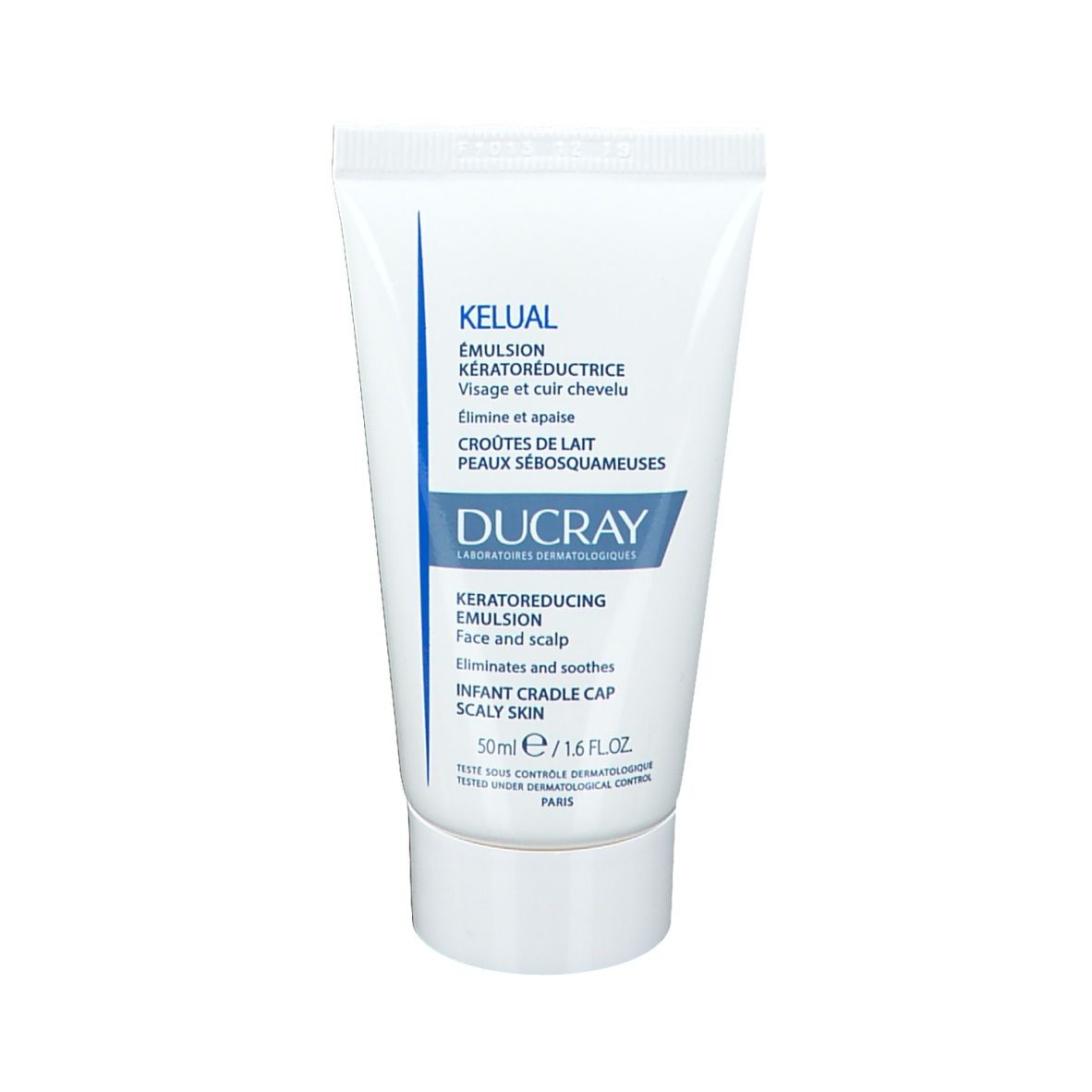 Tube blanc DUCRAY KELUAL Emulsion. Inscriptions en français et anglais. 50ml/1.6 FL.OZ.