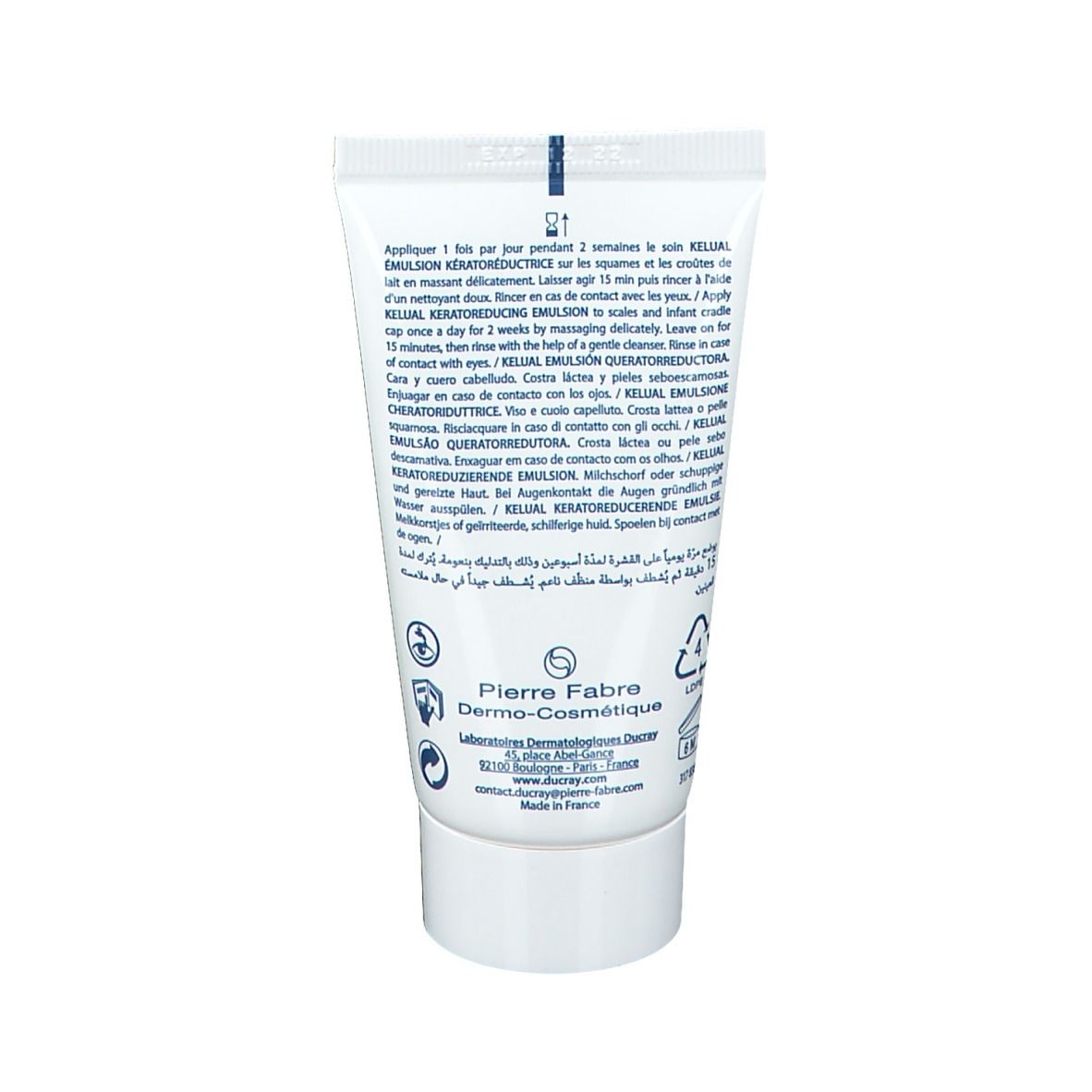 Dos du tube avec texte multilingue. Fabricant : Pierre Fabre. Made in France.