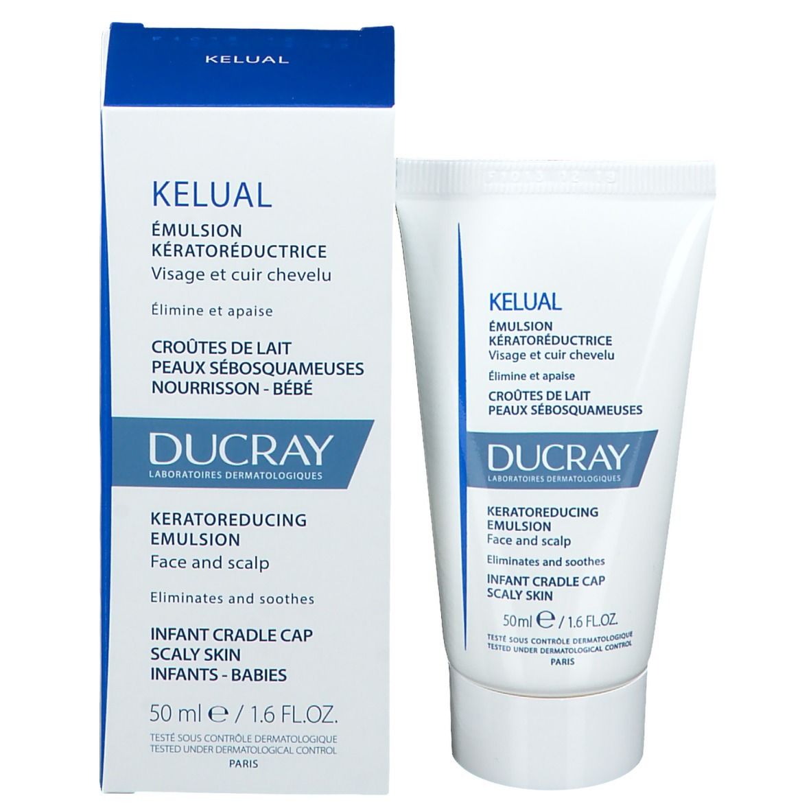 Boîte et tube DUCRAY KELUAL Emulsion. Inscriptions en français et anglais. 50ml/1.6 FL.OZ.