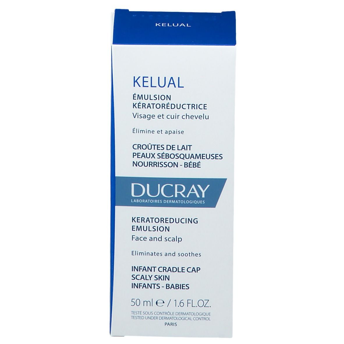 Boîte blanche DUCRAY KELUAL Emulsion. Inscriptions en français et anglais. 50ml/1.6 FL.OZ.