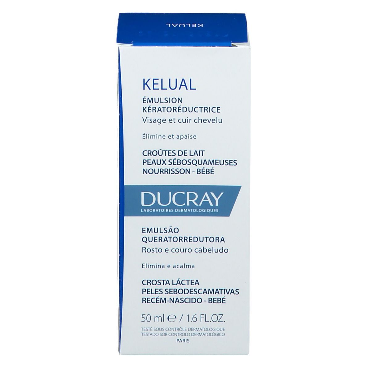 Boîte blanche DUCRAY KELUAL Emulsion. Inscriptions en français et portugais. 50ml/1.6 FL.OZ.