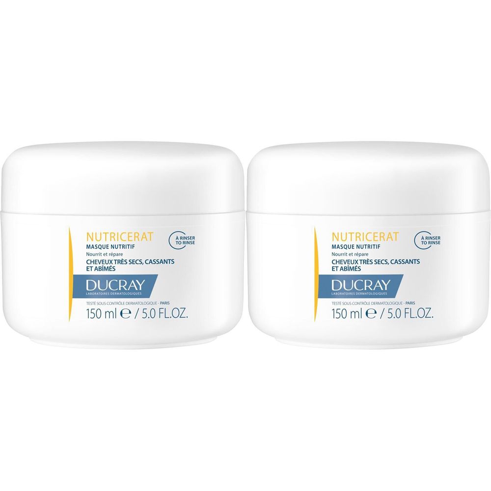 Deux pots blancs avec texte jaune et bleu. Texte: NUTRICERAT, Ducray. 150 ml.