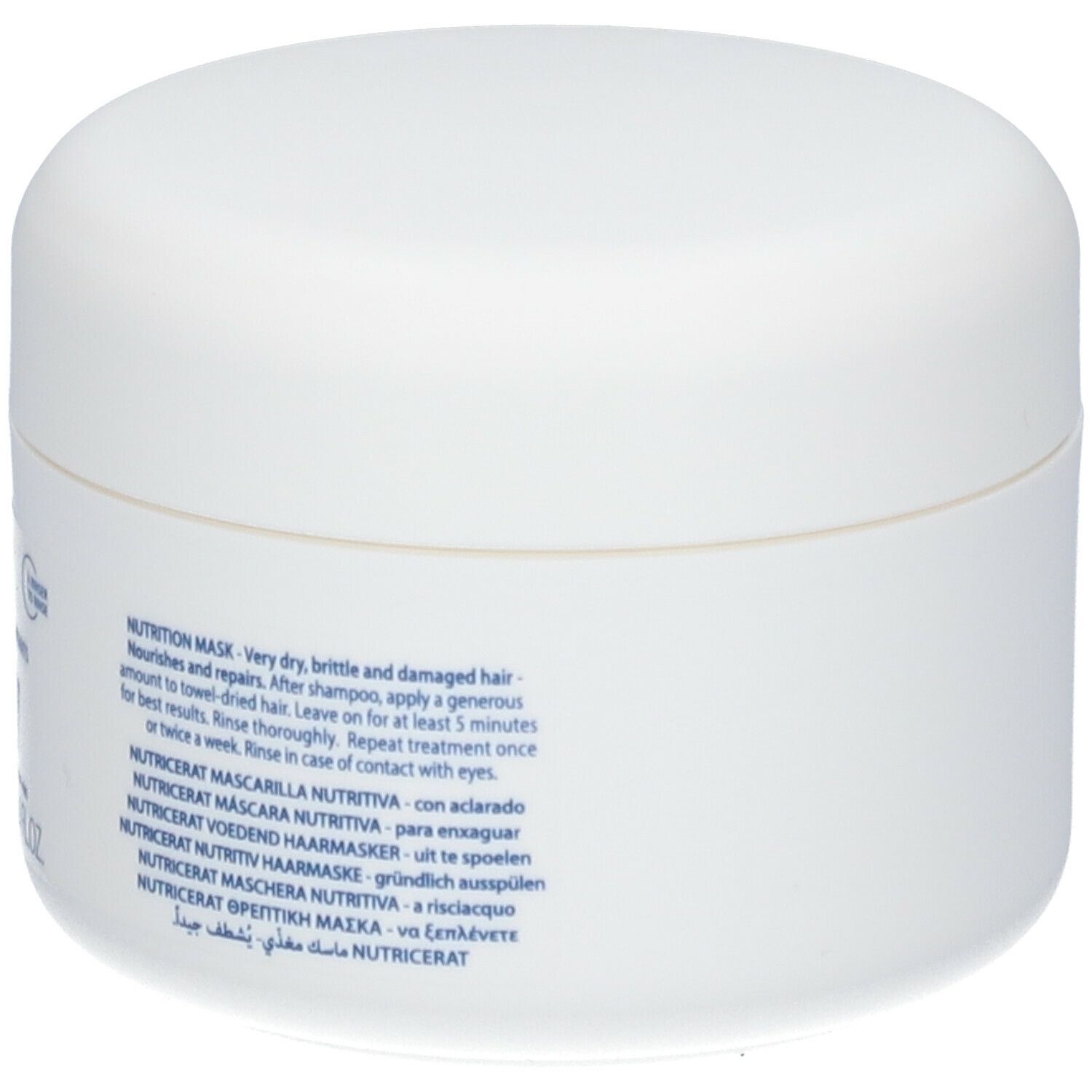 Dos d'un pot blanc. Texte en plusieurs langues. Texte: Nutrition Mask, Ducray.