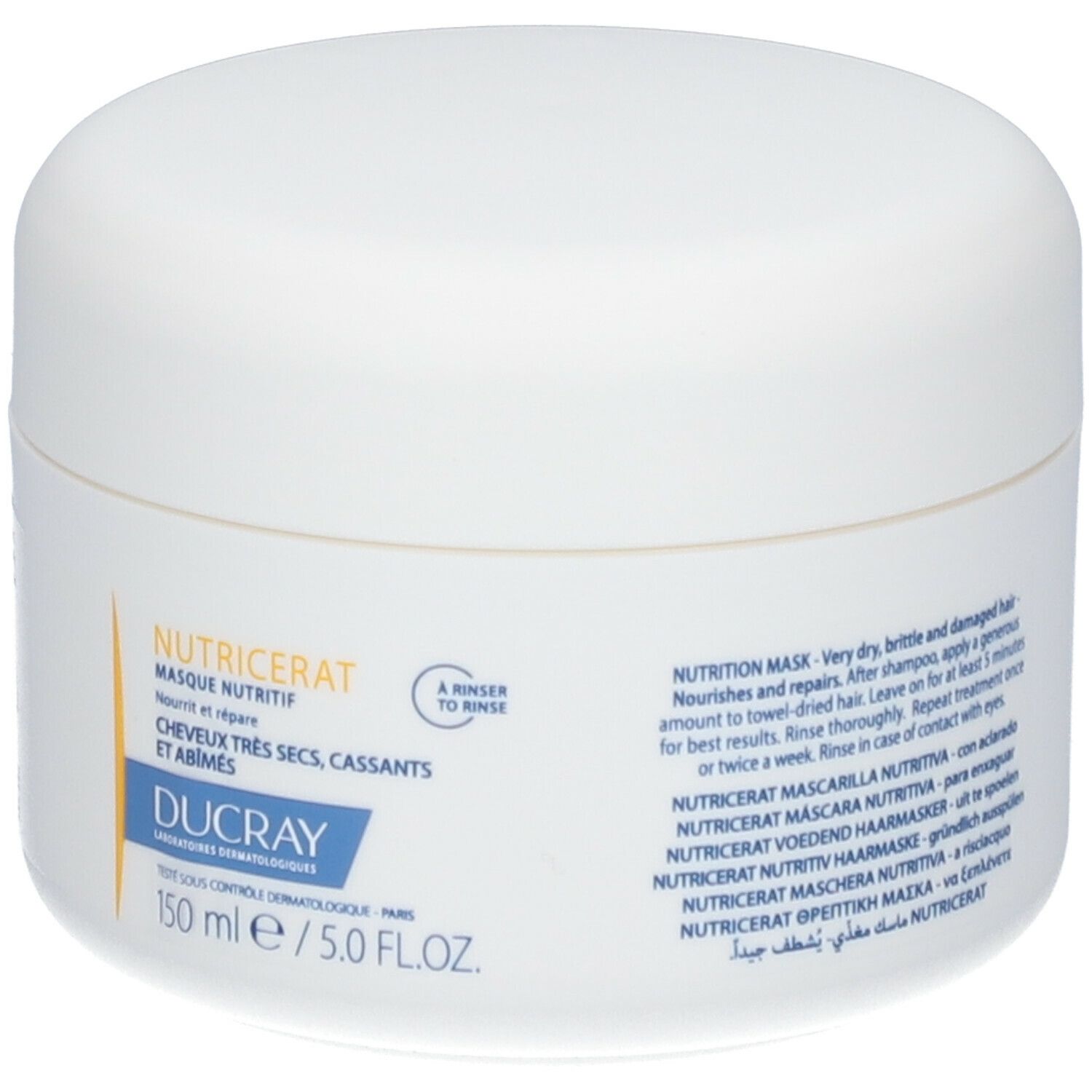 Pot blanc avec texte. Texte: NUTRICERAT, Ducray. 150 ml. Texte en plusieurs langues.