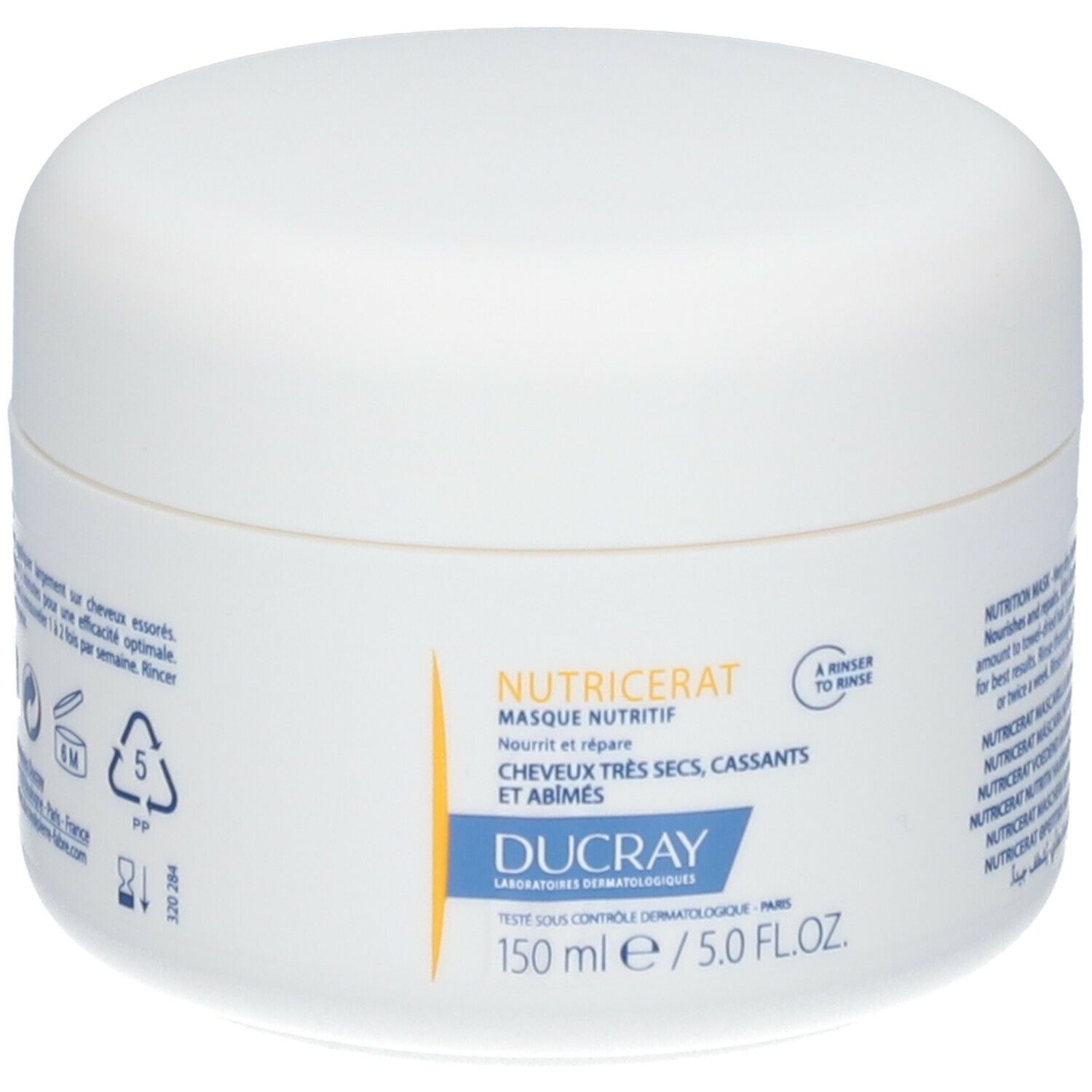 Pot blanc avec texte. Texte: NUTRICERAT, Ducray. 150 ml. Texte en plusieurs langues.