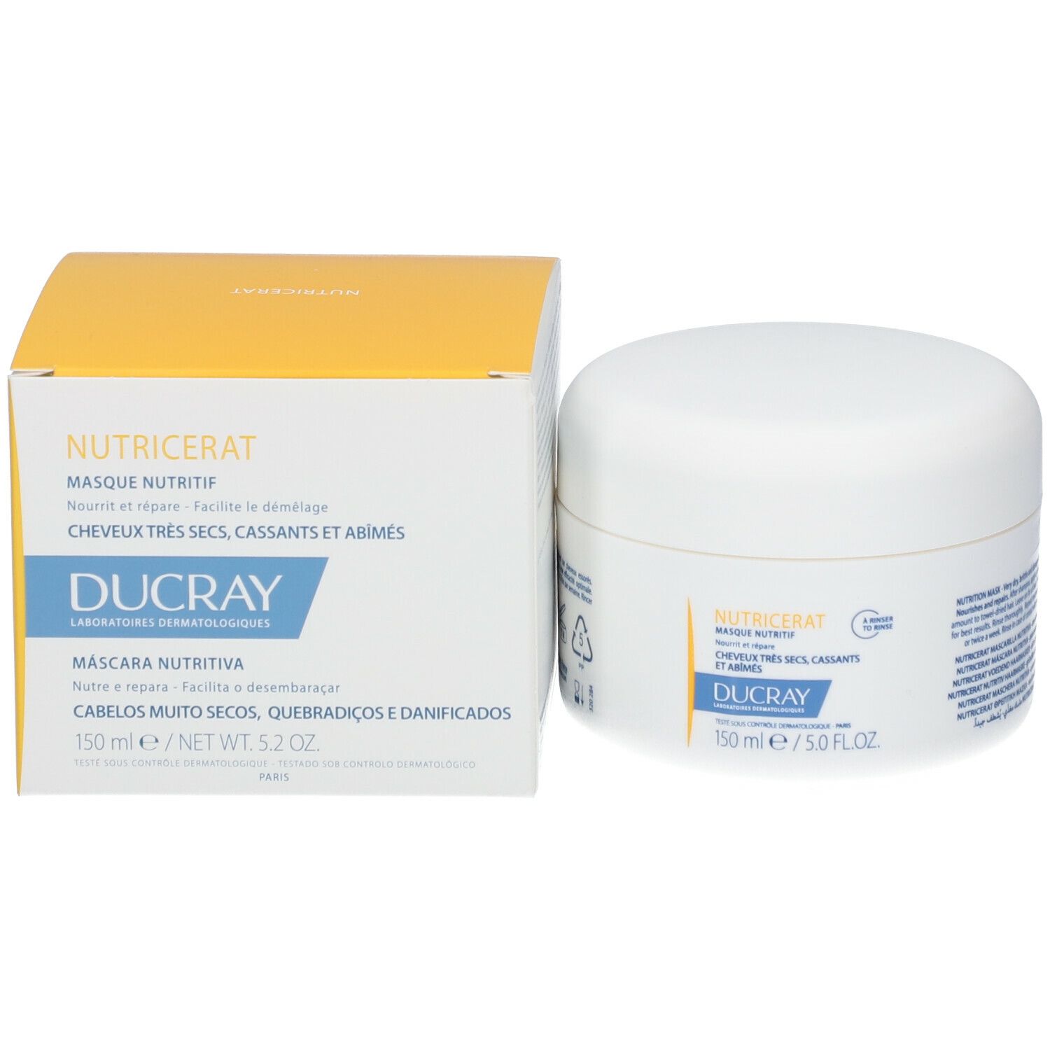 Boîte jaune et blanche et pot blanc. Texte: NUTRICERAT, Ducray. 150 ml.