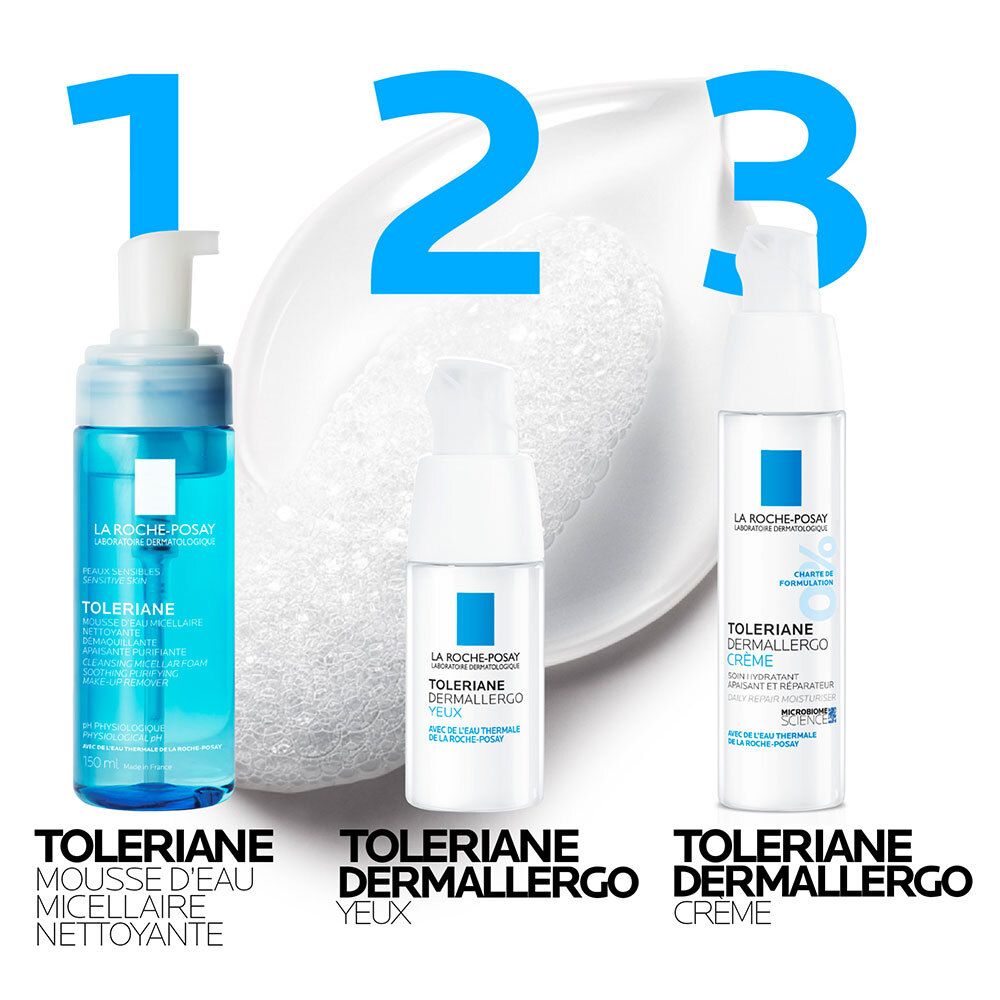 Trois produits : Toleriane Mousse d'Eau Micellaire, Toleriane Dermallegro YEUX, Toleriane Dermallegro Crème.