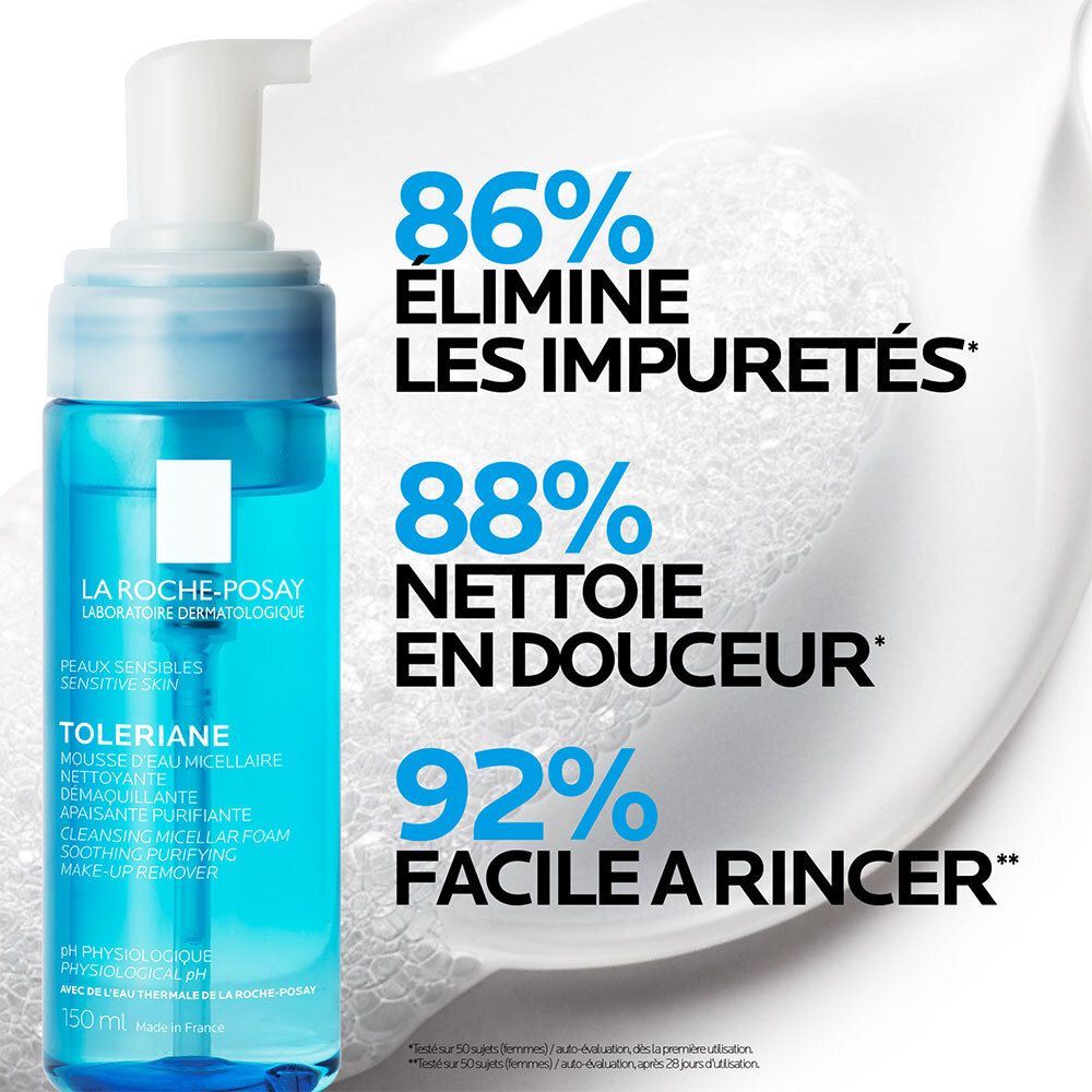 Flacon avec texte : 86% élimine les impuretés, 88% nettoie en douceur, 92% facile à rincer.