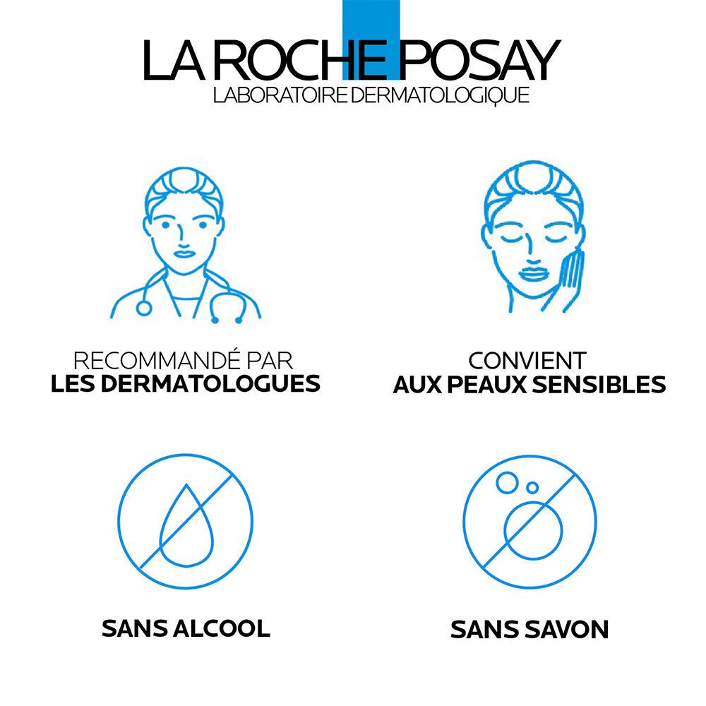 Symboles : Recommandé par les dermatologues, pour peaux sensibles, sans alcool, sans savon.