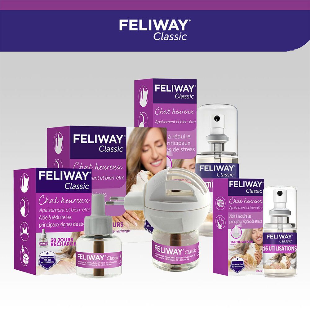 Différents produits FELIWAY Classic. Sprays, diffuseurs, recharges. Logo FELIWAY Classic.