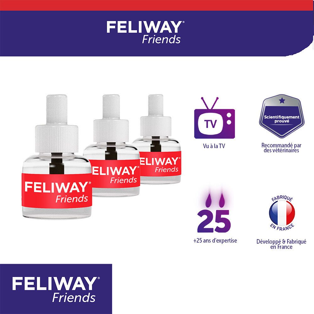 Trois recharges FELIWAY Friends, avec sceaux recommandation vétérinaire et preuve scientifique.