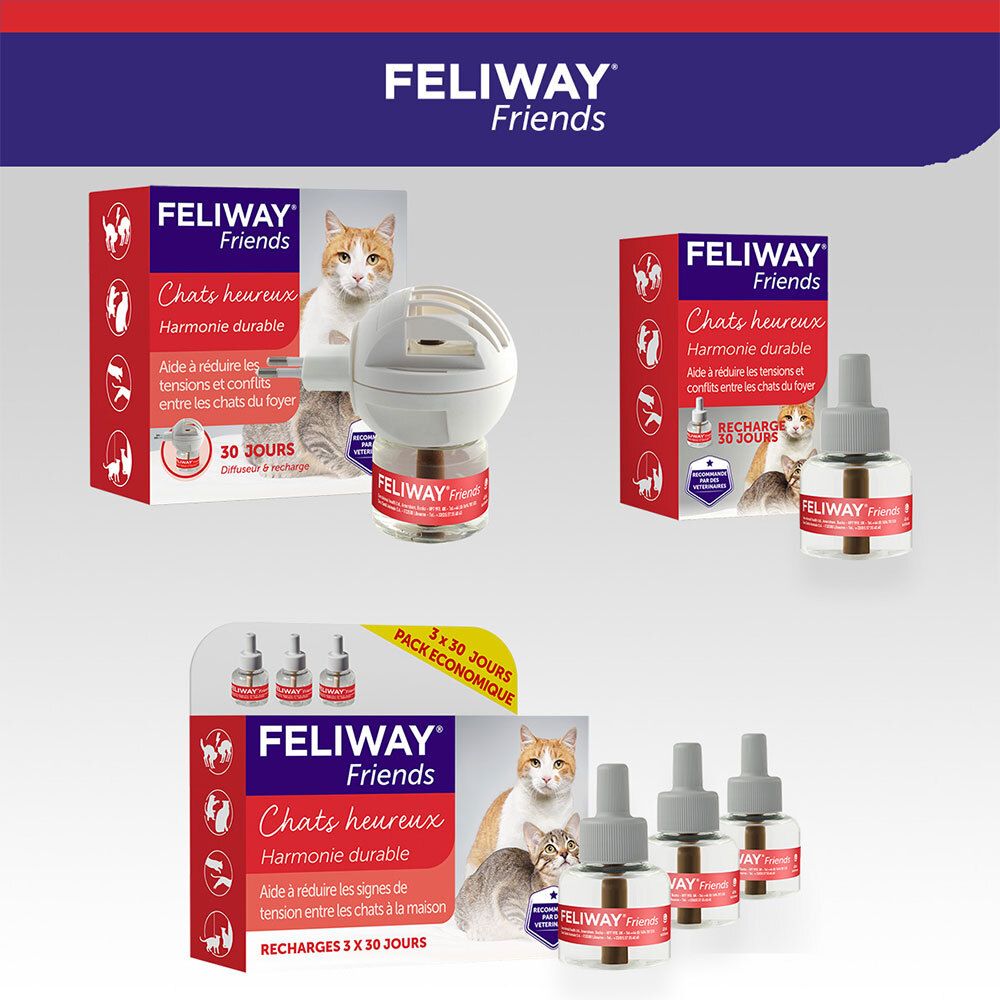 Trois recharges FELIWAY Friends et un diffuseur, à côté d'un pack de trois recharges.