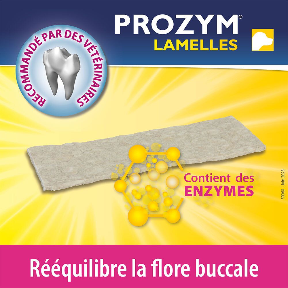 Lamelle Prozym. Contient des enzymes. Recommandé par les vétérinaires. Sur fond jaune. Rééquilibre la flore buccale.