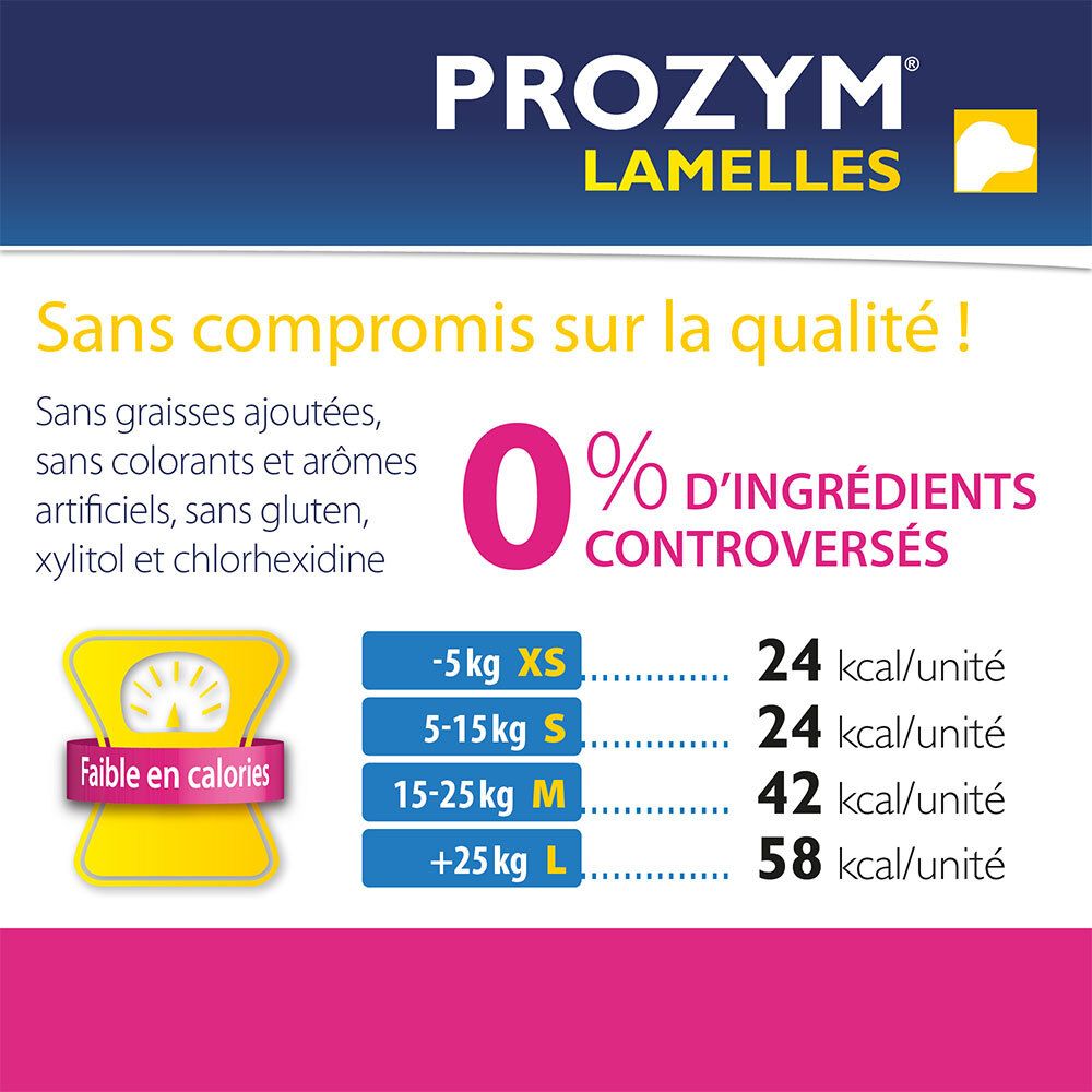Texte : Sans compromis sur la qualité ! 0% d'ingrédients controversés. Tableau des calories pour différentes tailles.