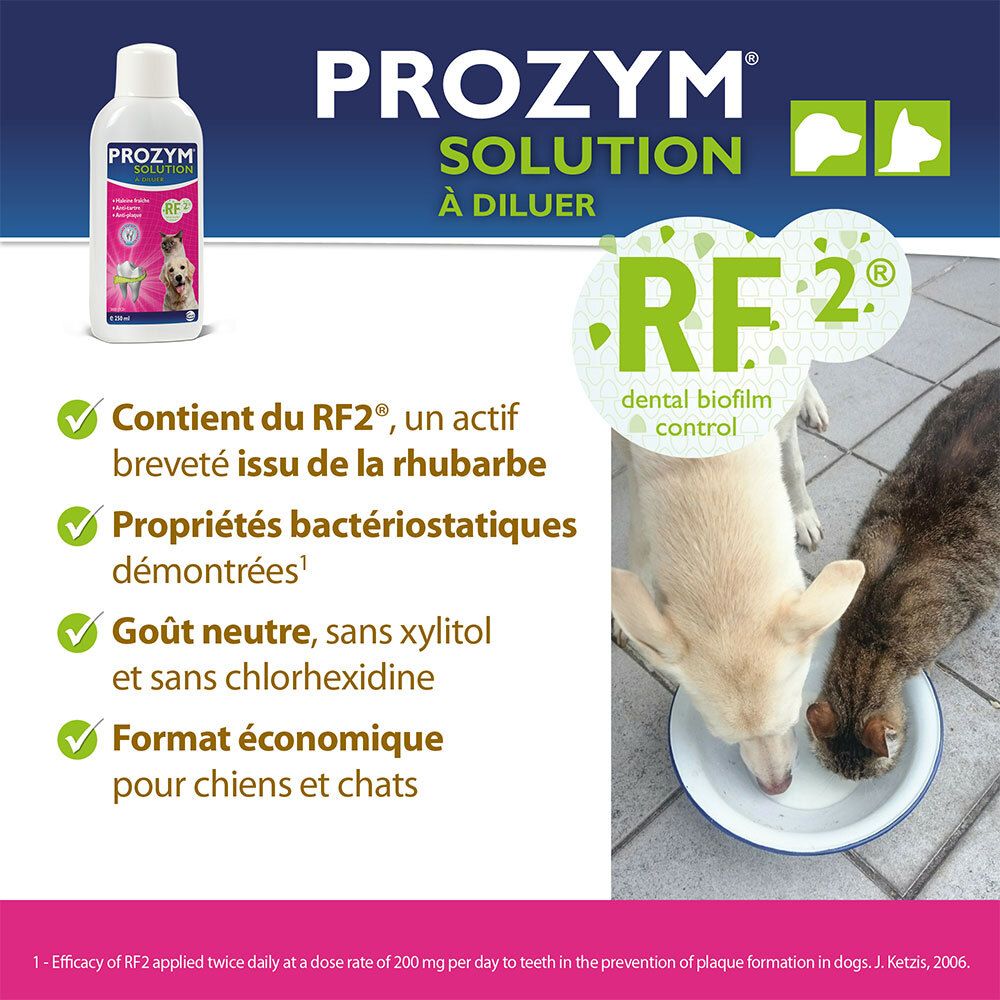 Flacon et chiens/chats. Texte : Contient RF2, propriétés antibactériennes, goût neutre, pour chiens et chats. Logo RF2.