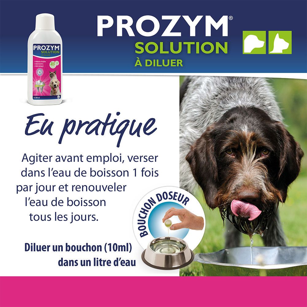 Chien buvant dans un bol. Flacon et bouchon doseur. Texte : Agiter avant emploi, verser dans l'eau. Bouchon doseur.