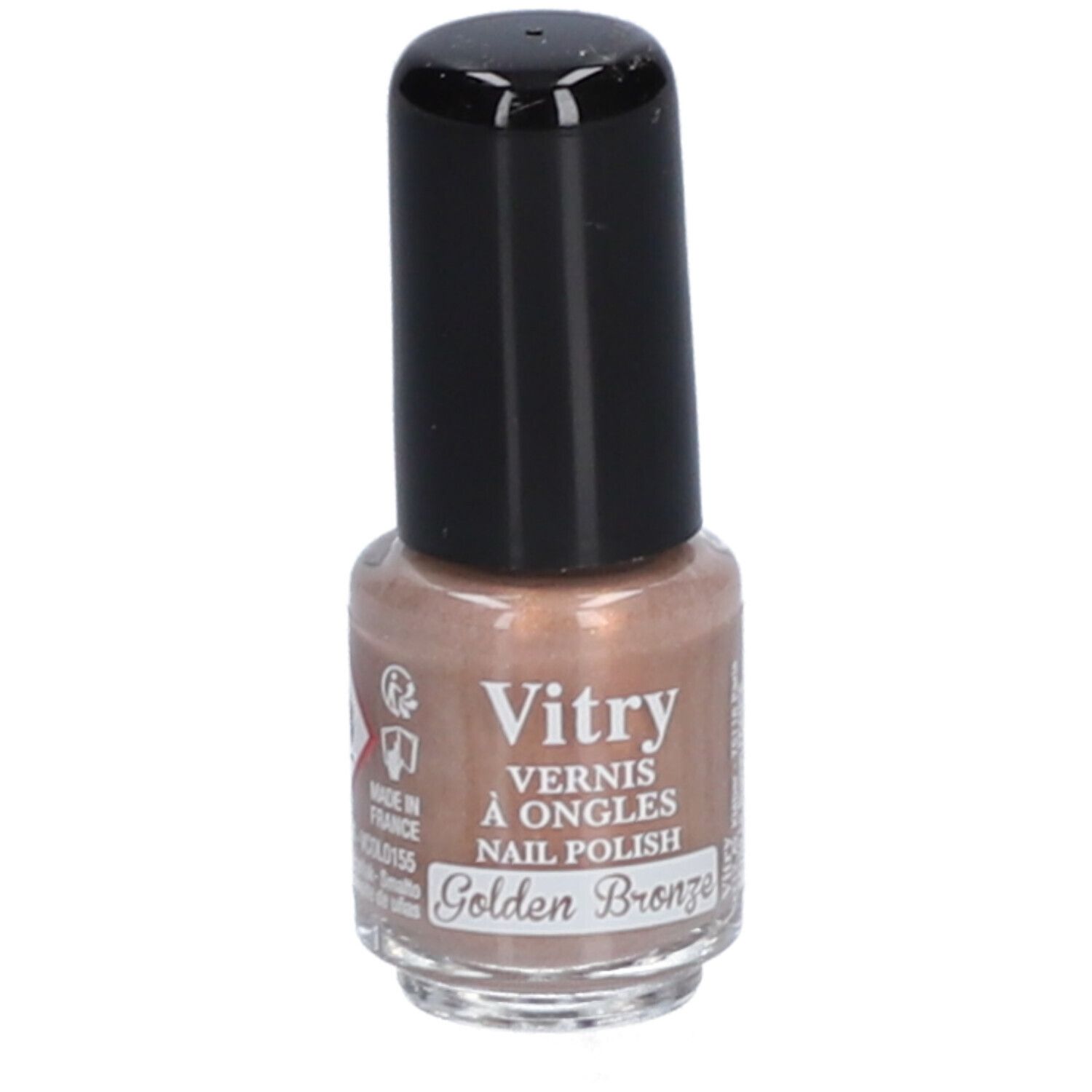 Flacon de vernis à ongles avec bouchon noir. Inscription : Vitry, Vernis à Ongles, Nail Polish, Golden Bronze. Marque d'origine.