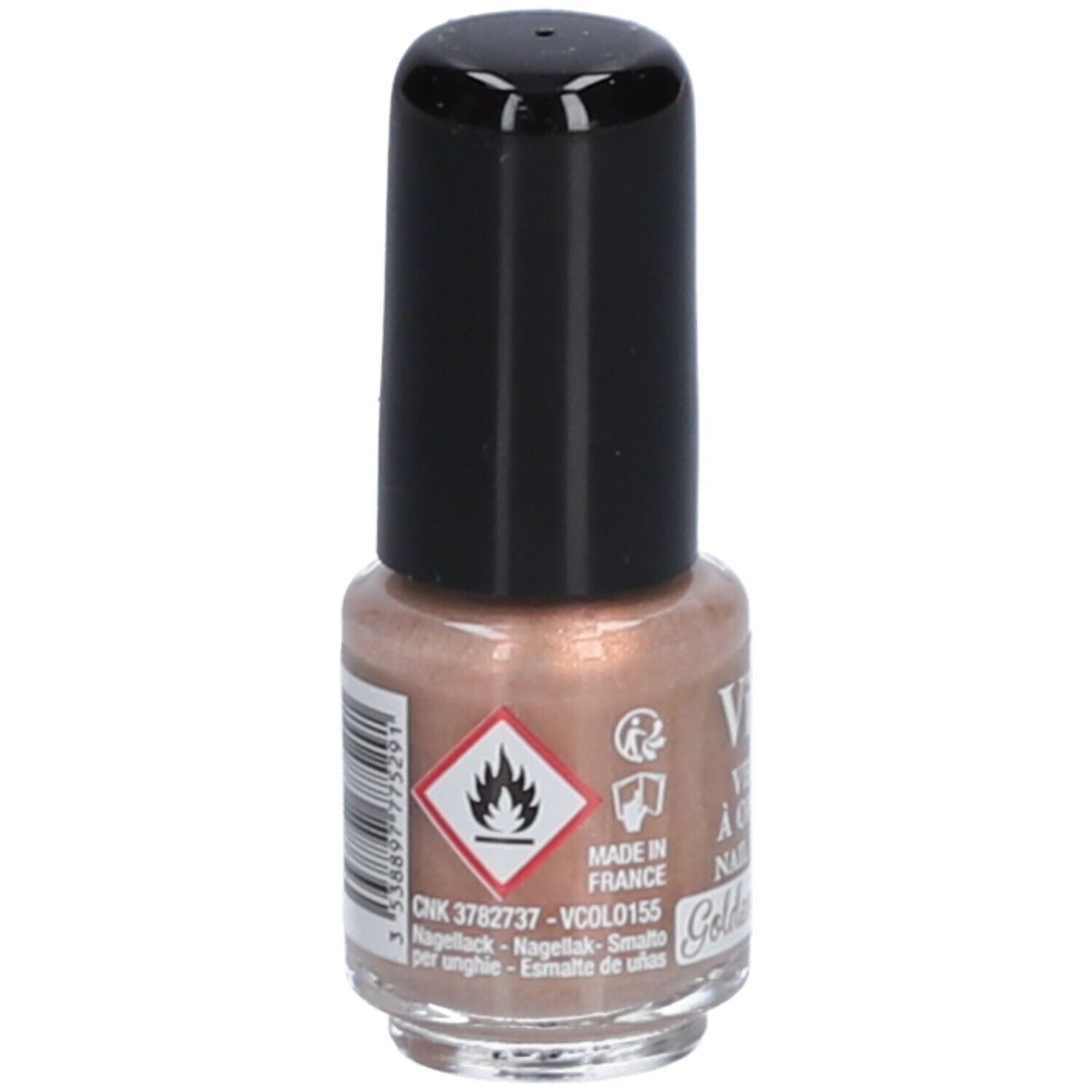 Flacon de vernis à ongles avec bouchon noir. Inscription : Vitry, Vernis à Ongles, Nail Polish, Golden Bronze. Symbole de danger.