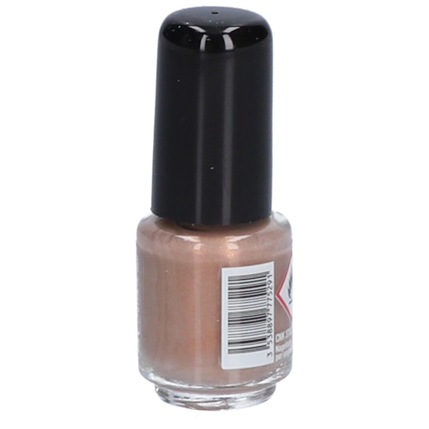 Flacon de vernis à ongles avec bouchon noir. Inscription : Vitry, Vernis à Ongles, Nail Polish, Golden Bronze. Code-barres.