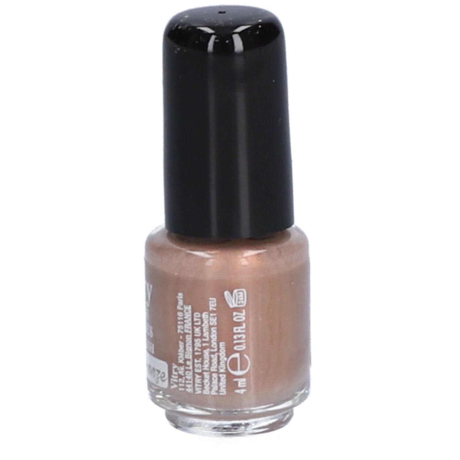 Flacon de vernis à ongles avec bouchon noir. Inscription : Vitry, Vernis à Ongles, Nail Polish, Golden Bronze. Informations fabricant.