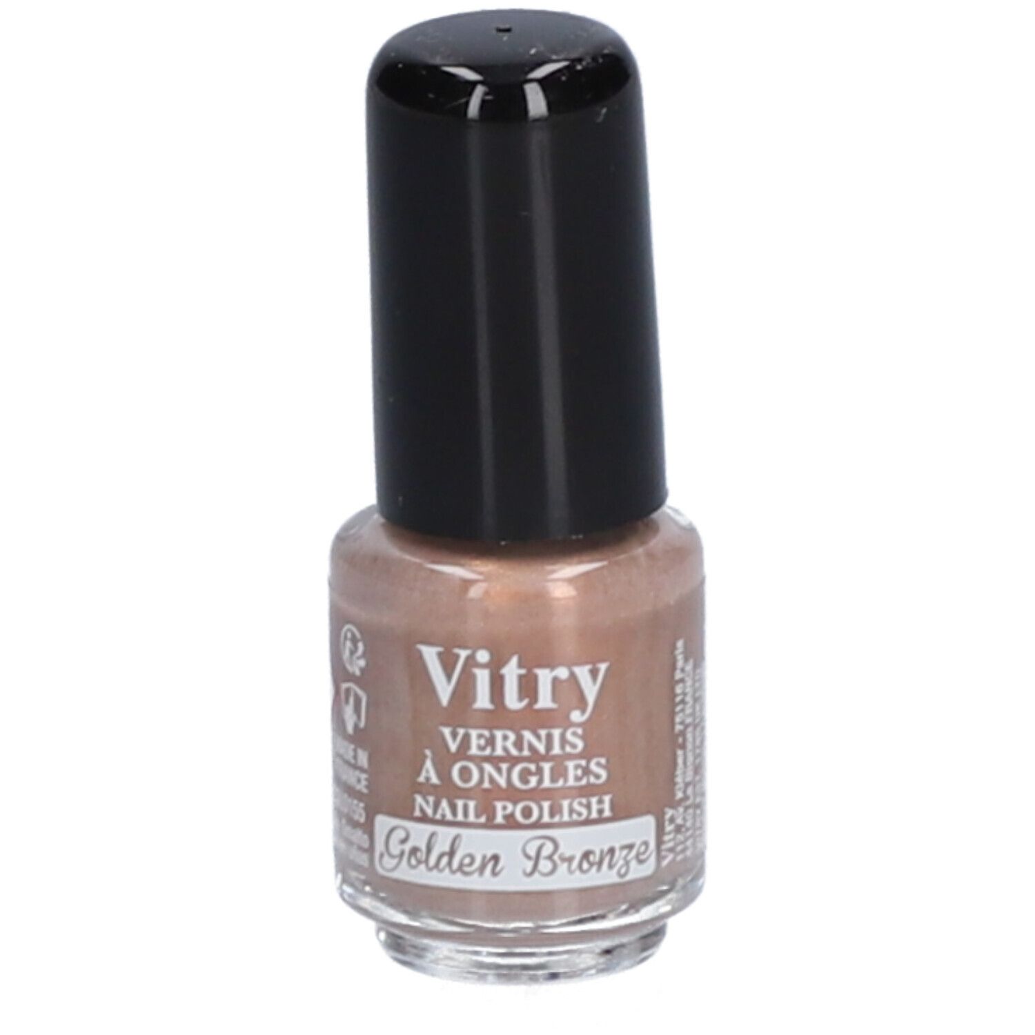 Flacon de vernis à ongles avec bouchon noir. Inscription : Vitry, Vernis à Ongles, Nail Polish, Golden Bronze.