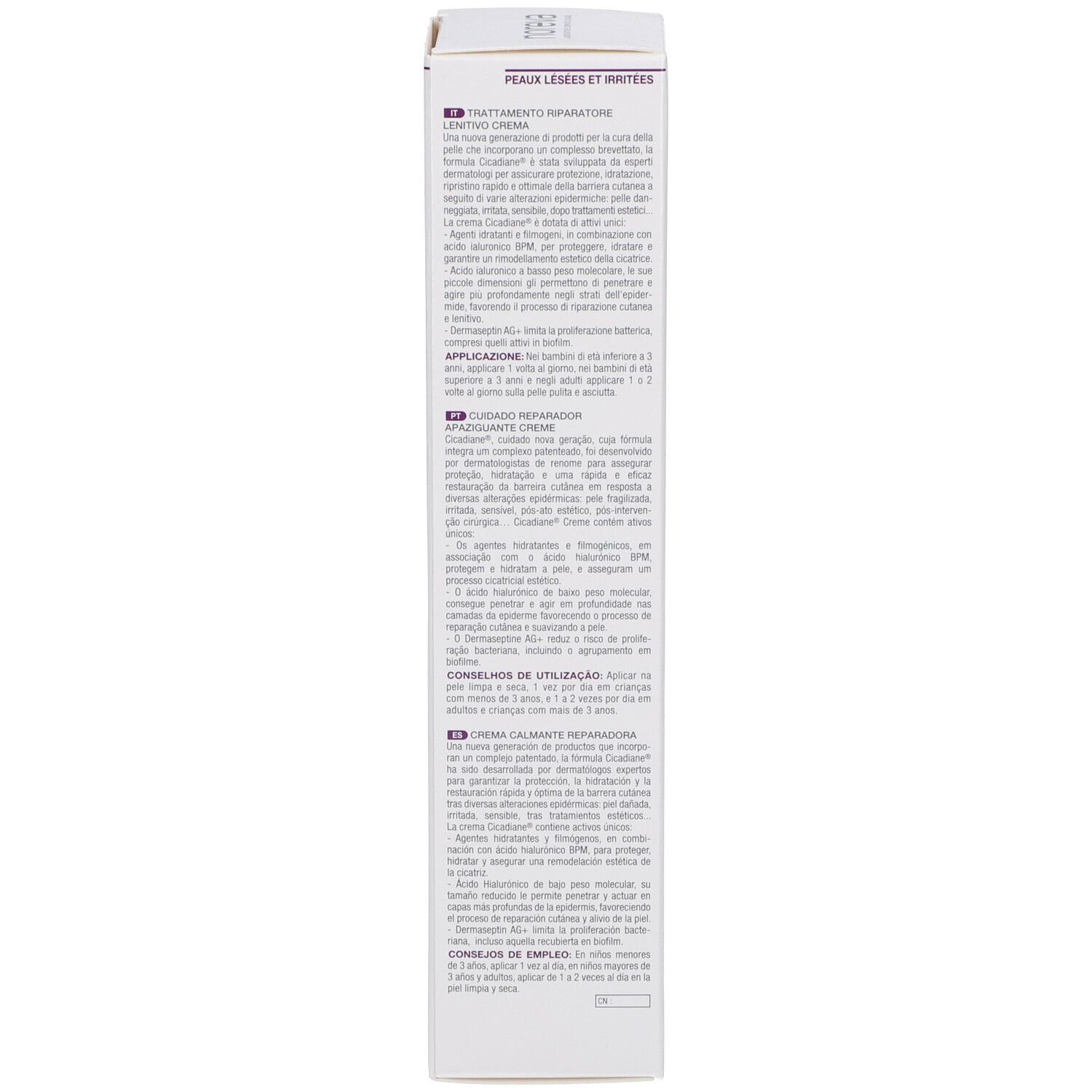 Dos de la boîte. Texte multilingue : utilisation, ingrédients, informations fabricant, avertissements.