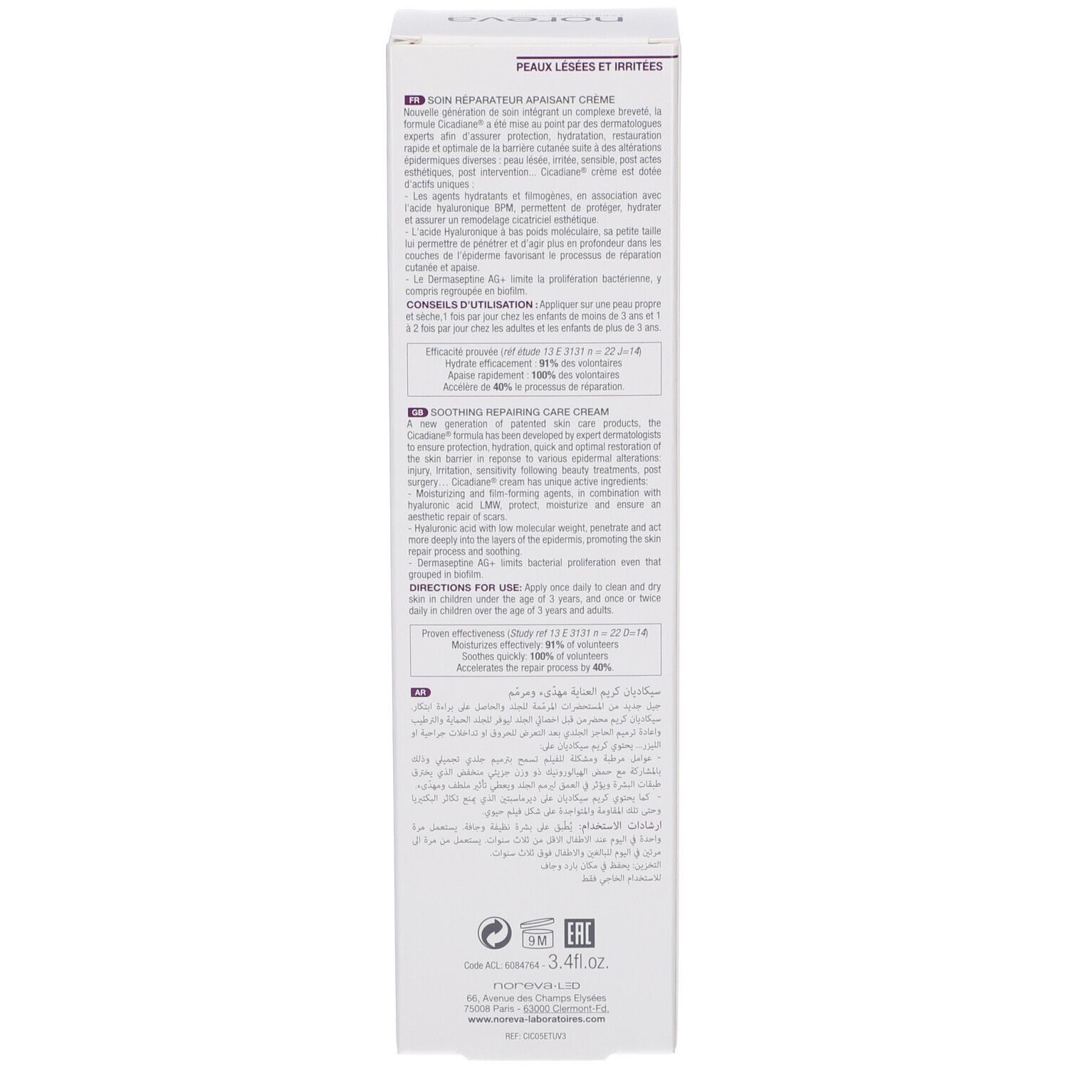 Dos de la boîte. Texte multilingue : utilisation, ingrédients, informations fabricant, avertissements.