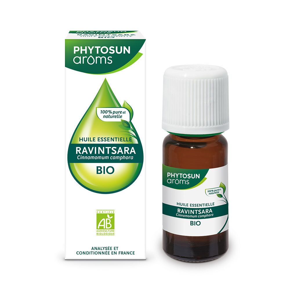 Flacon en verre brun, bouchon blanc, carton. Inscription: PHYTOSUN aroms, RAVINTSARA BIO. Label AB.