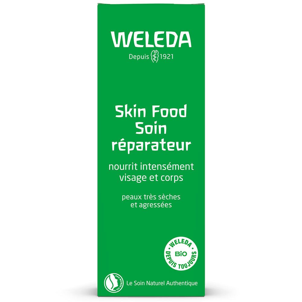 Tube vert Weleda Skin Food. Texte : Soin réparateur, pour peaux sèches. Label bio.