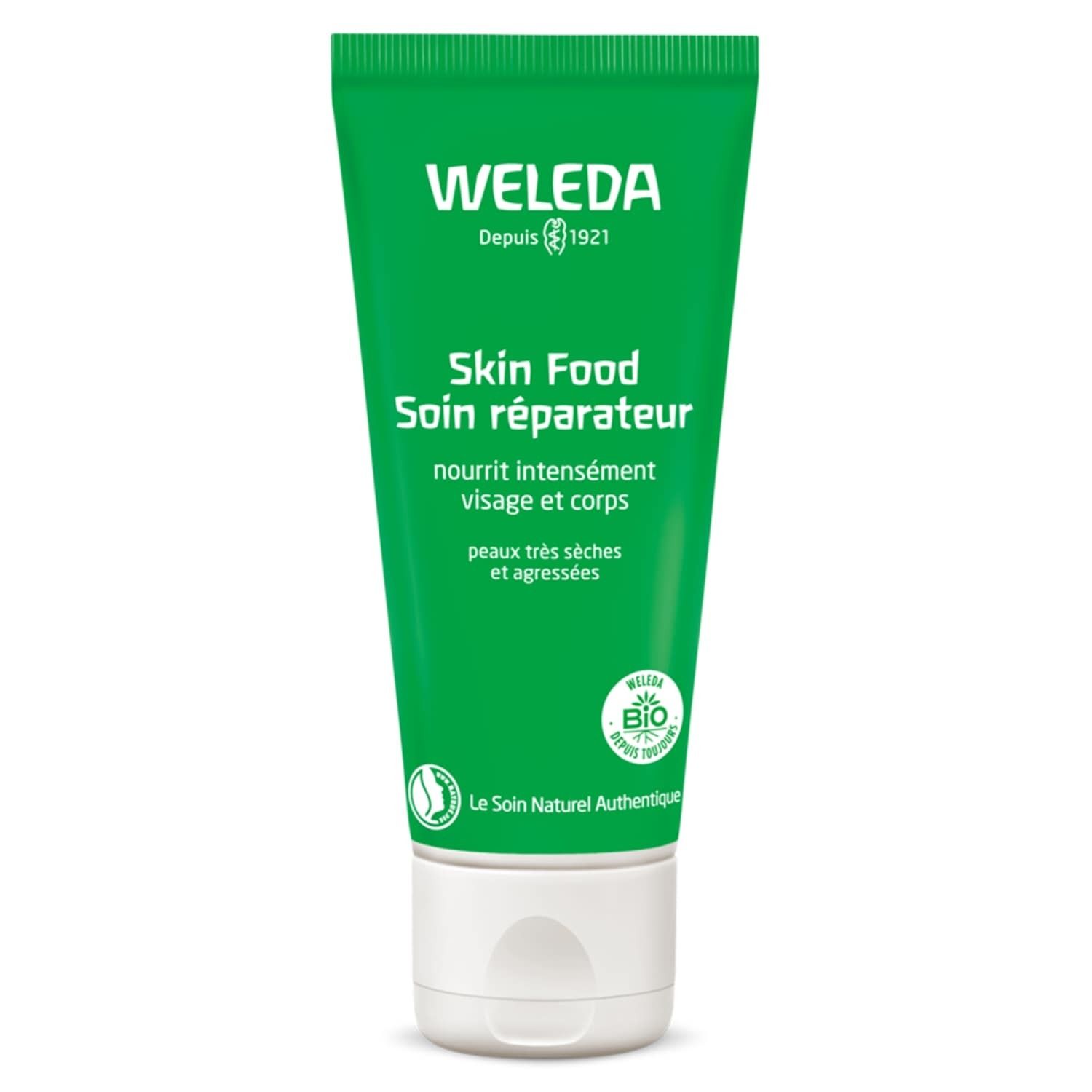 Tube vert Weleda Skin Food. Texte : Soin réparateur, visage et corps. Label bio. Bouchon blanc.