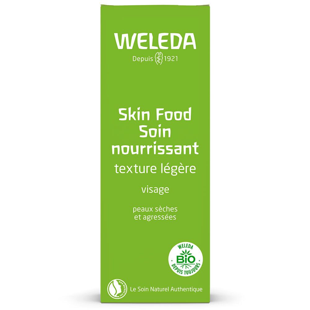 Emballage vert avec informations produit. Marque Weleda. Texte: Skin Food, Soin nourrissant, texture légère, visage.