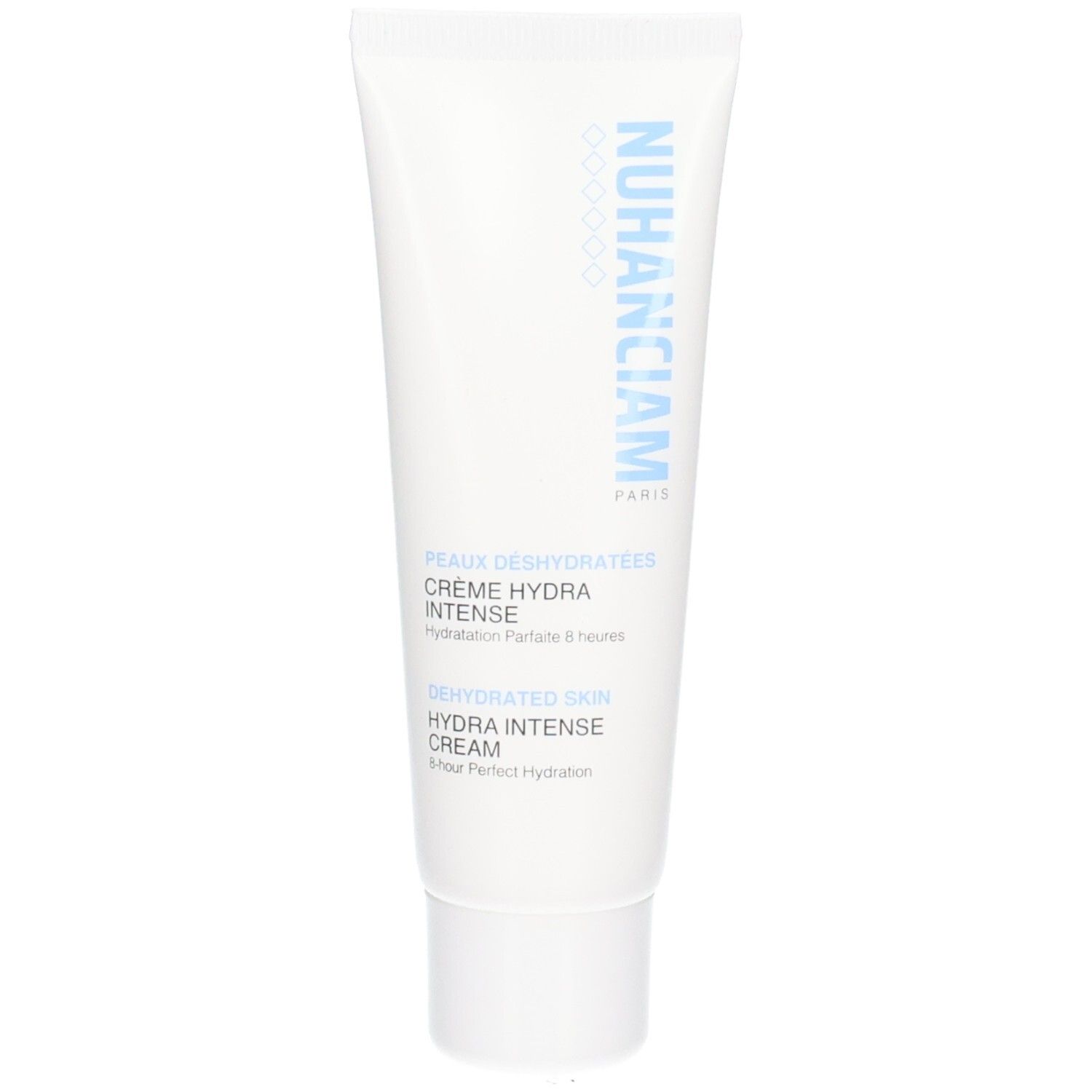 Tube blanc avec inscription bleue : Nuhanciam Paris, Crème Hydra Intense pour peaux déshydratées.