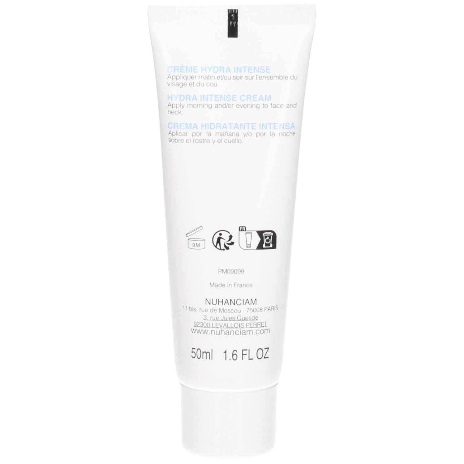 Arrière d'un tube blanc avec informations produit et instructions d'utilisation multilingues.