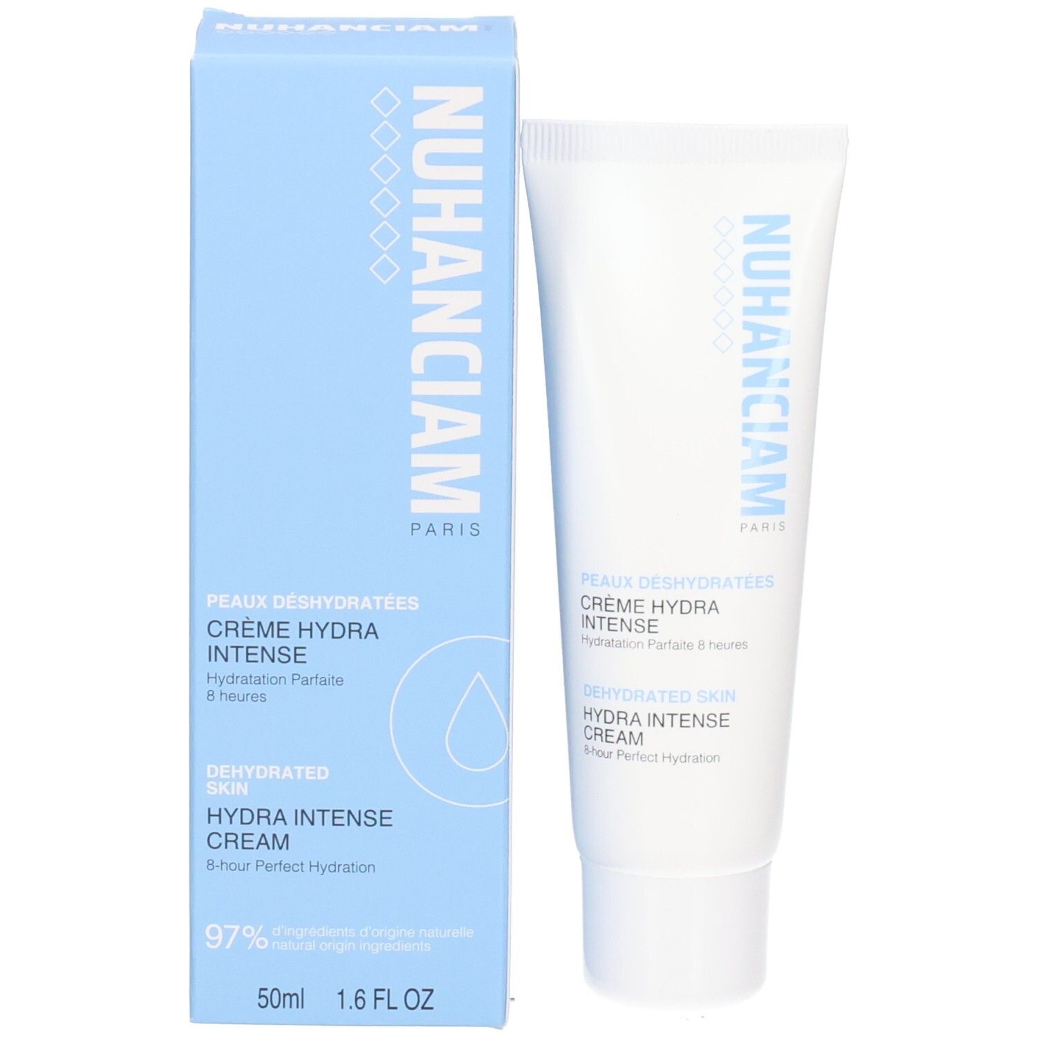 Tube blanc et boîte pliante bleu clair pour Nuhanciam Crème Hydra Intense, 50ml.