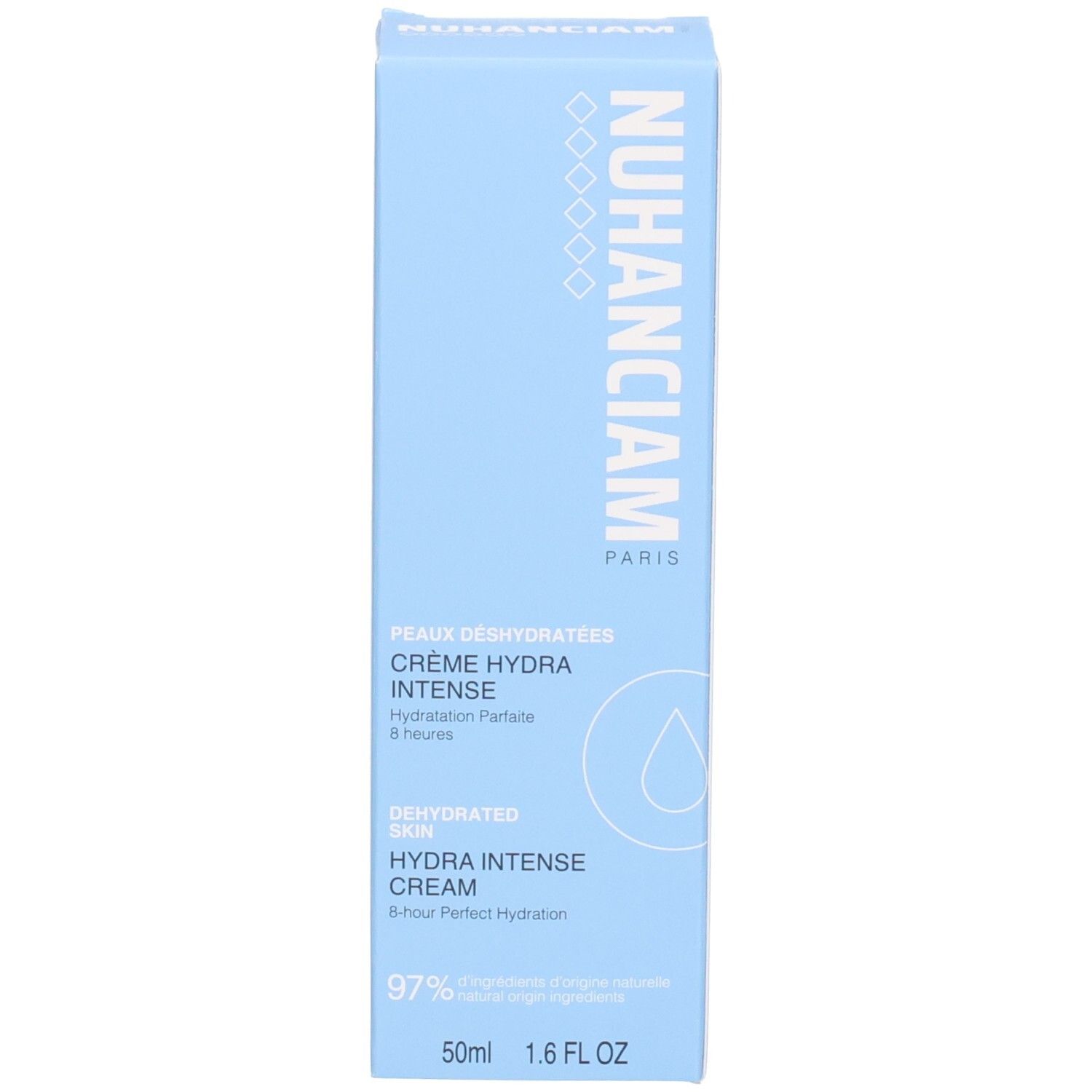 Boîte pliante bleu clair pour Nuhanciam Crème Hydra Intense, avec nom du produit et indication 50ml.