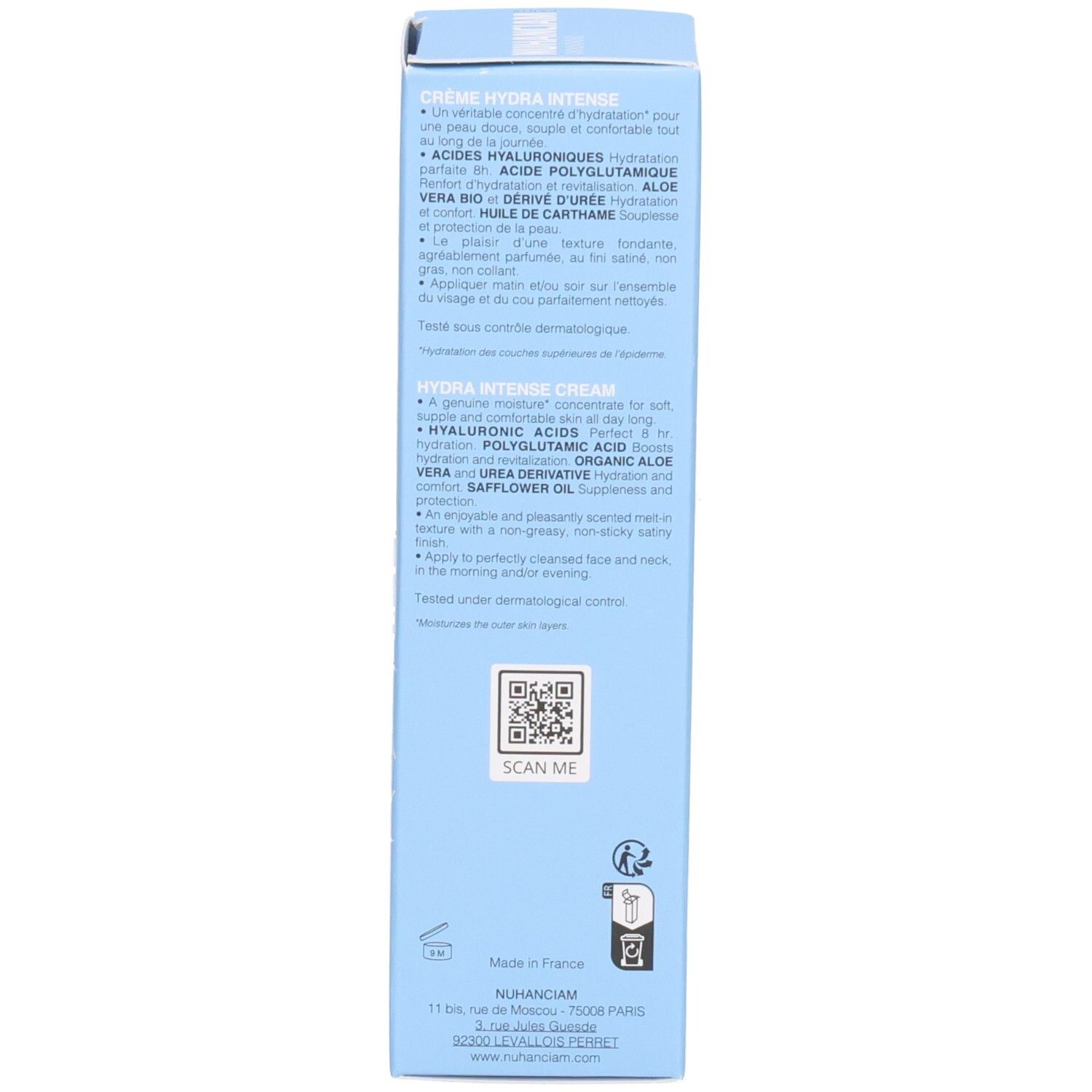 Côté d'une boîte pliante bleu clair avec informations détaillées sur le produit et les ingrédients.