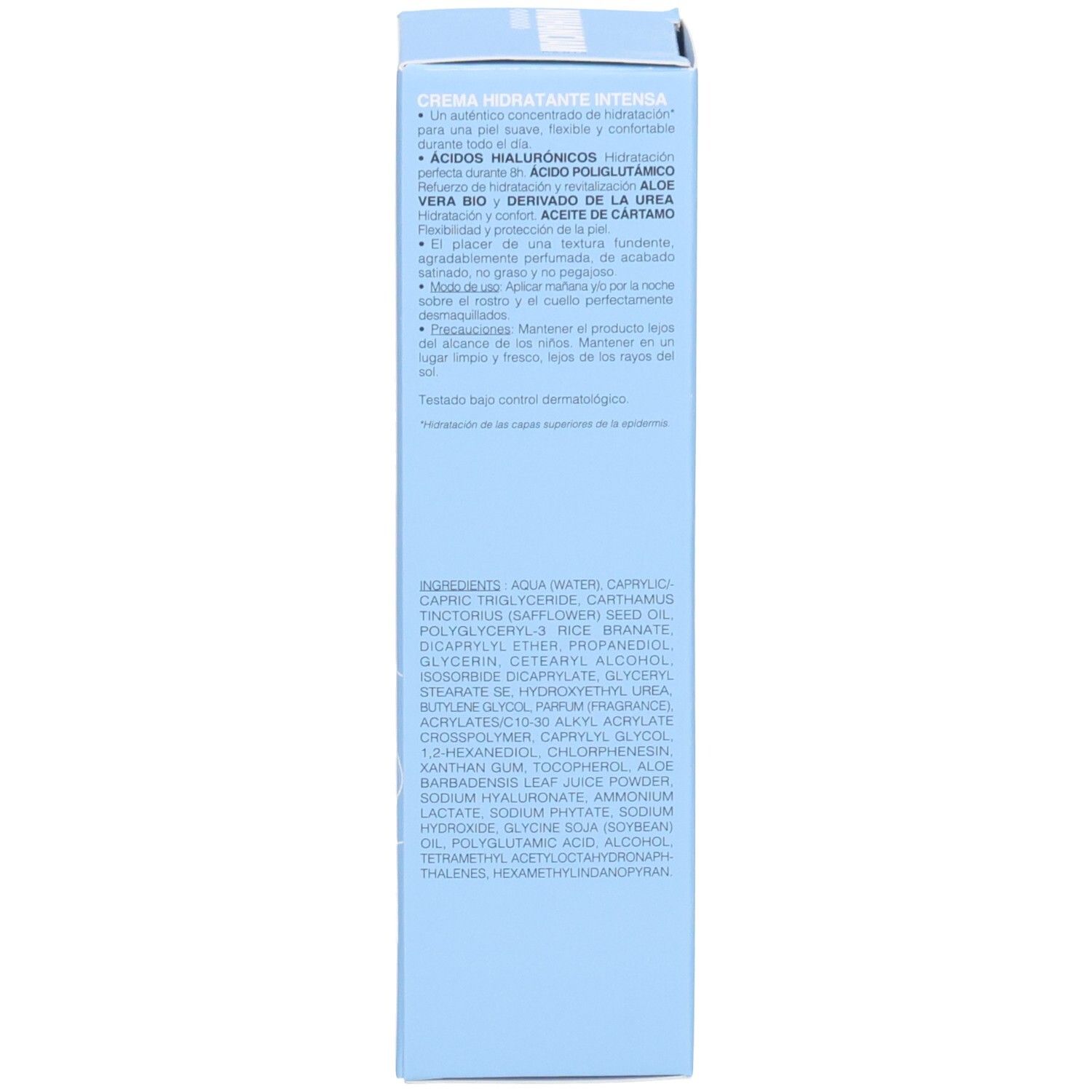 Avant d'une boîte pliante bleu clair pour Nuhanciam Crème Hydra Intense, 50ml.