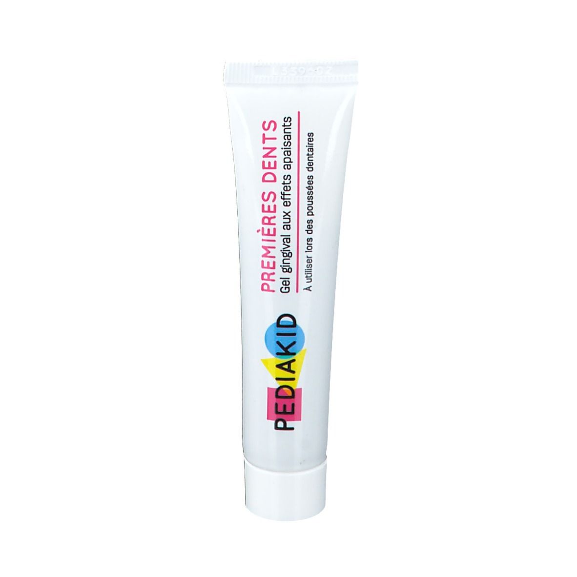 Tube PEDIAKID Gel de soin Premières Dents. Blanc. Texte: Premières Dents, Gel gingival. Marque PEDIAKID.