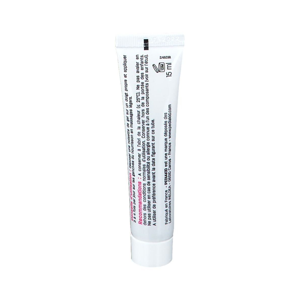 Dos du tube PEDIAKID Gel de soin Premières Dents. Texte: Ingrédients, avertissements, 15 ml.