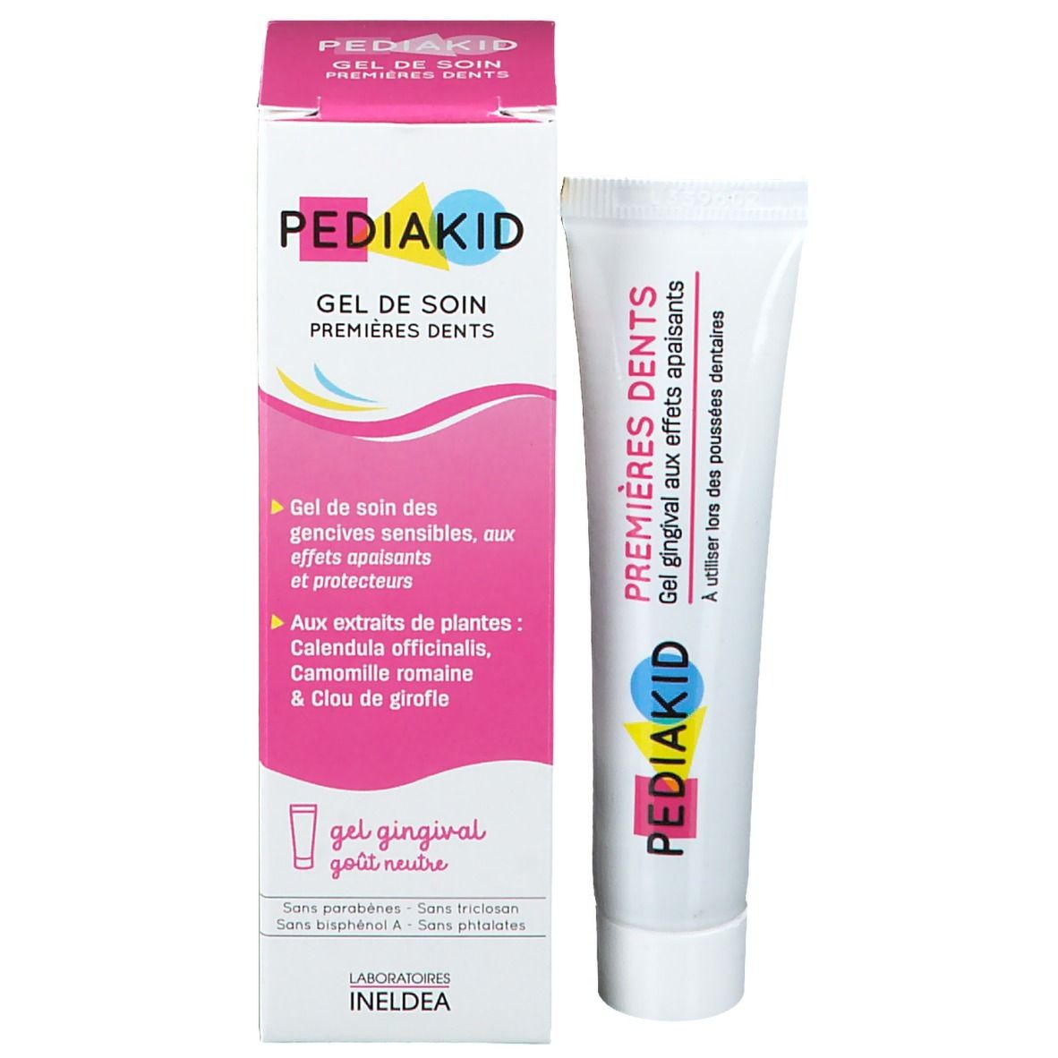 Tube et boîte PEDIAKID Gel de soin Premières Dents. Texte: Premières Dents, Gel gingival. 15 ml.